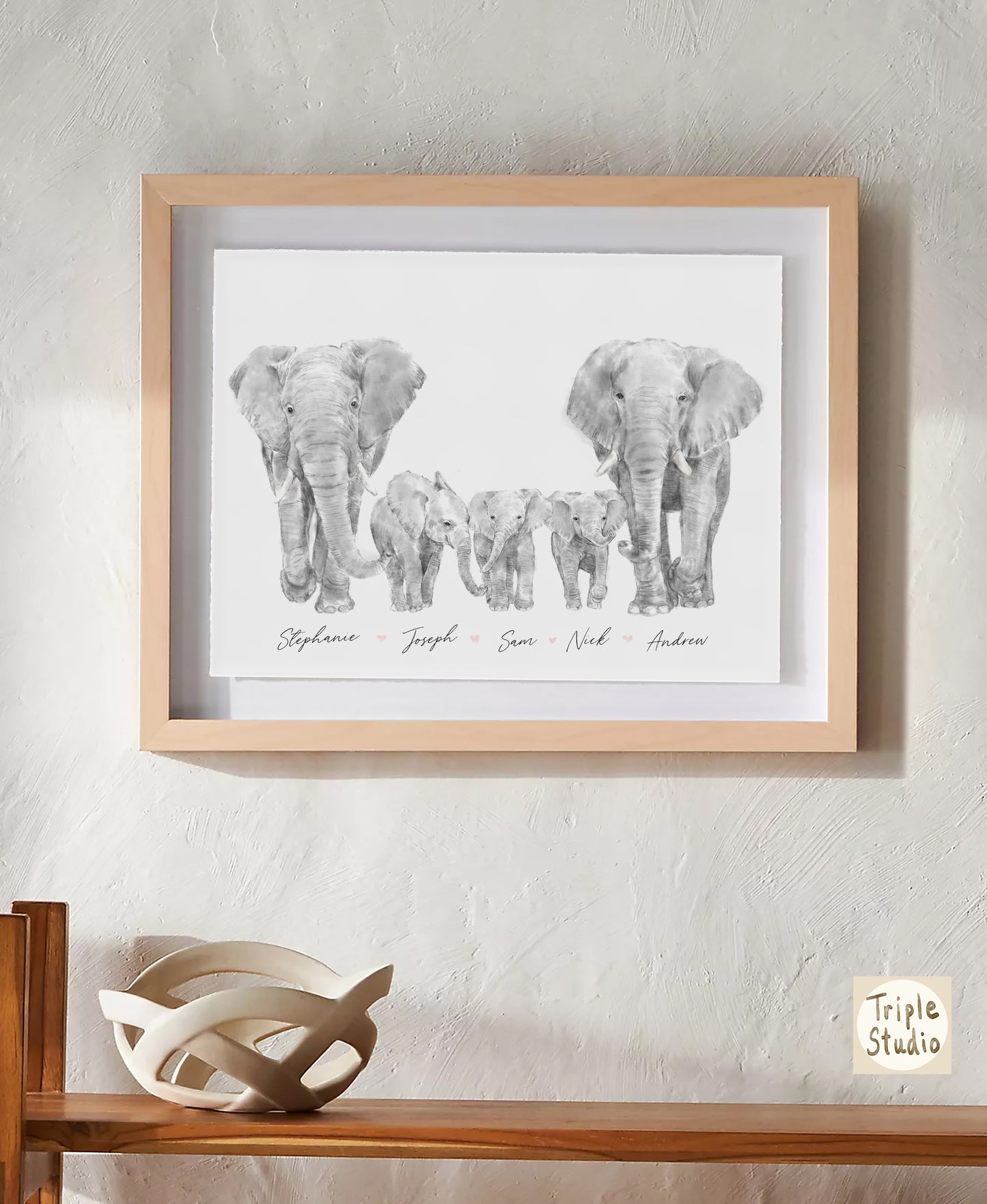 Elephant Family Portrait Print with Personalized Names