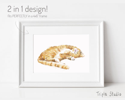 Sleepy Orange Tabby Cat Watercolor Blank Card
