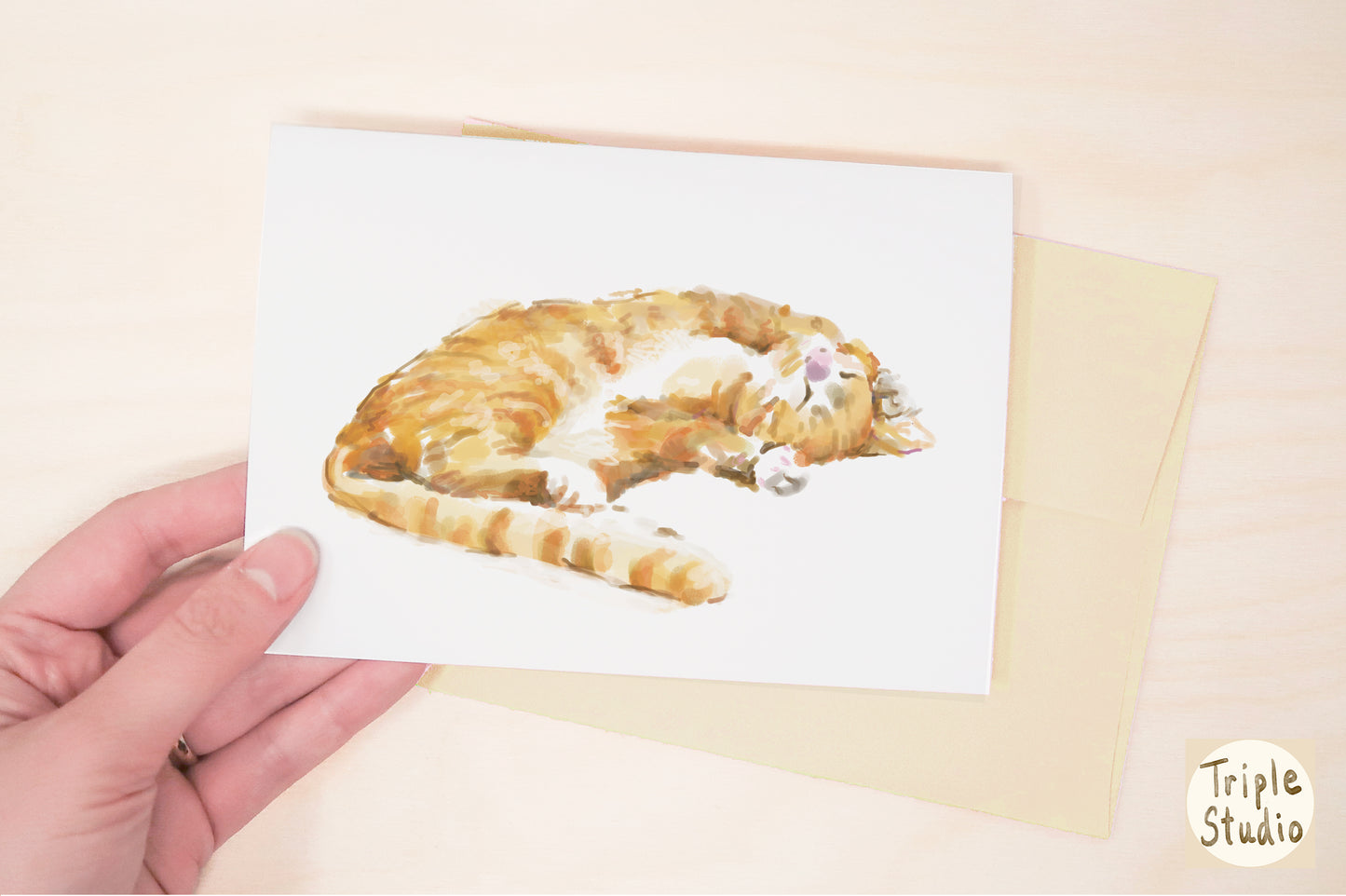Sleepy Orange Tabby Cat Watercolor Blank Card