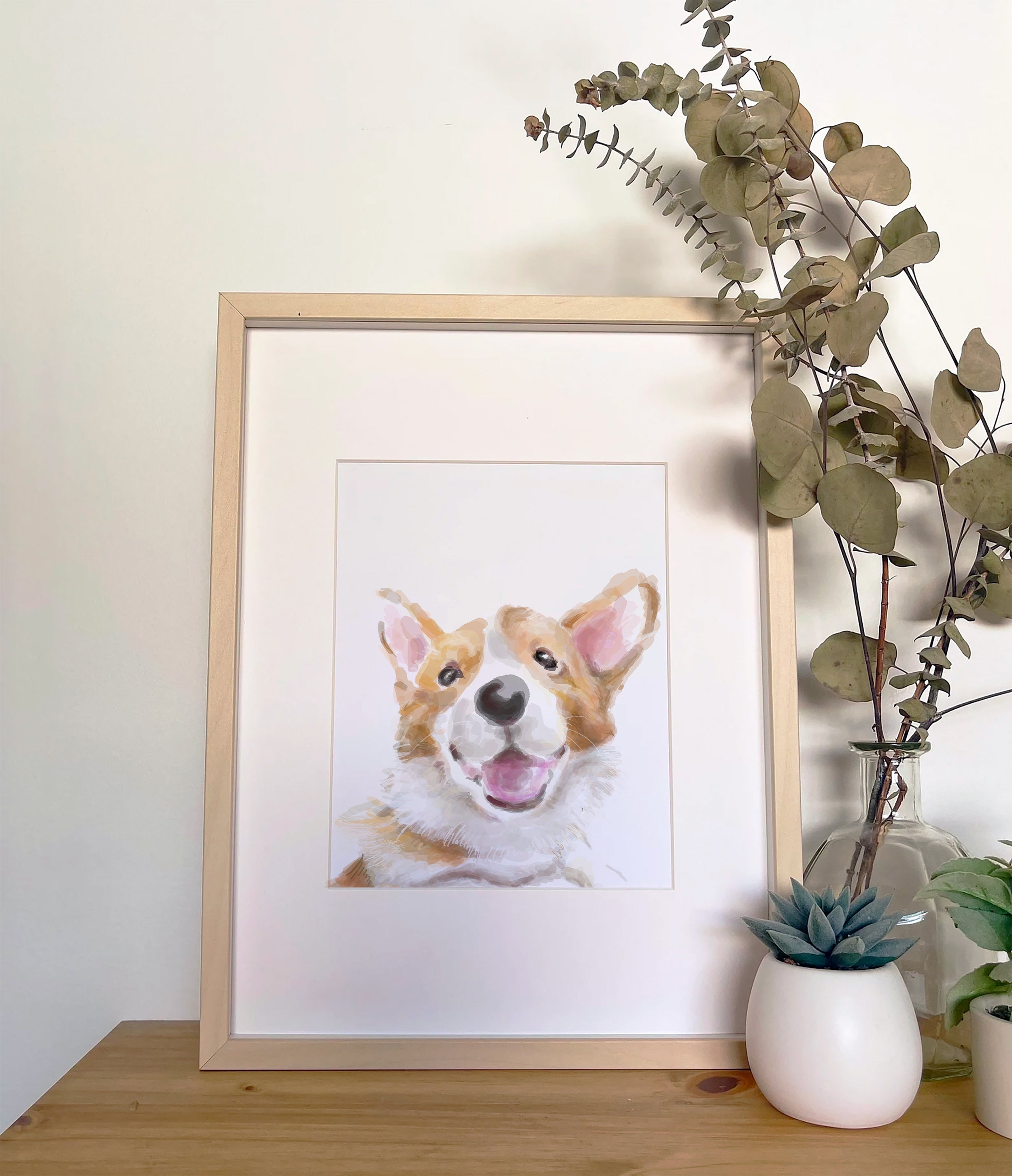 Happy Corgi Dog Wall Art: Pembroke Welsh Puppy Modern Watercolor Painting