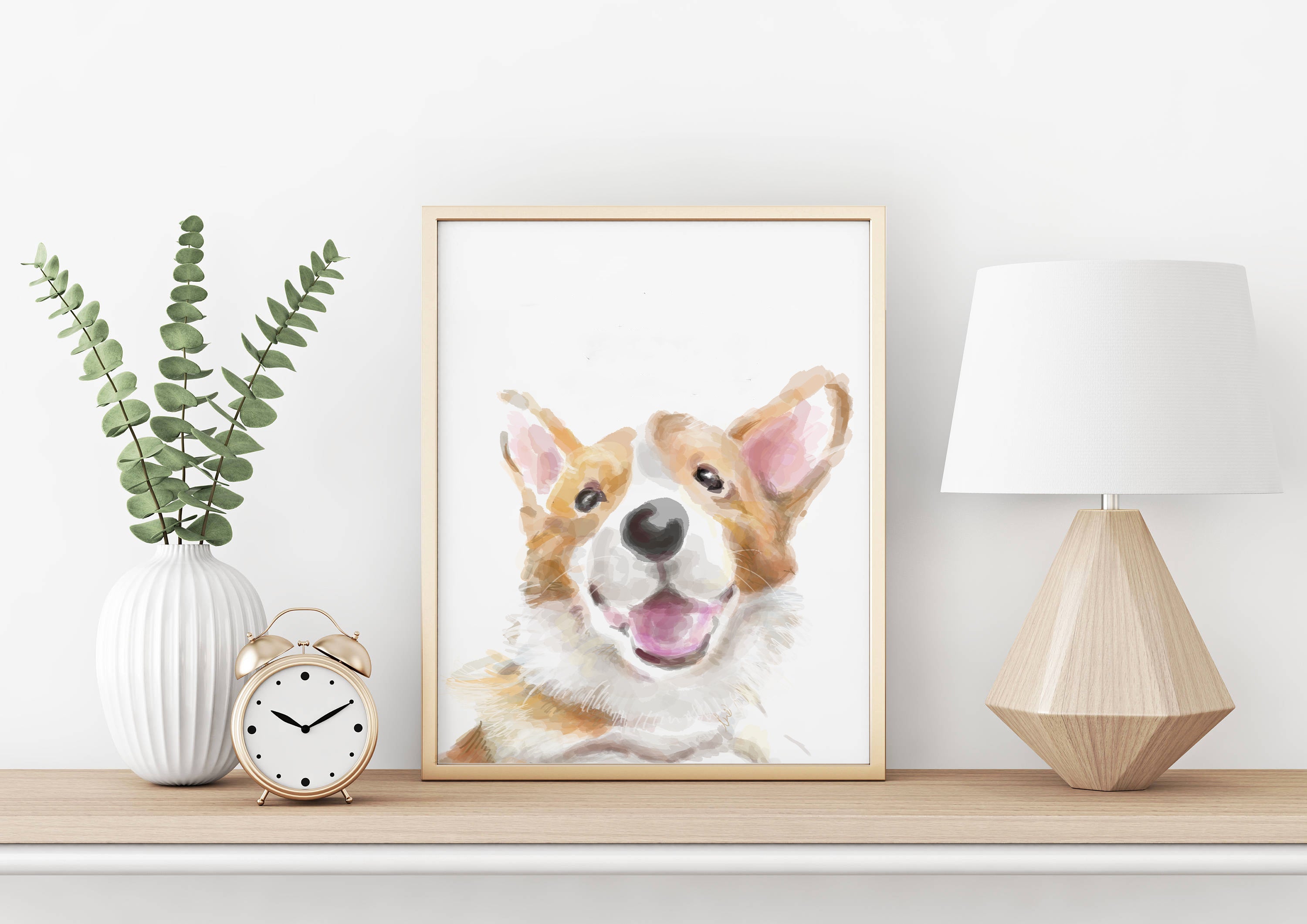 Happy Corgi Dog Wall Art: Pembroke Welsh Puppy Modern Watercolor Painting