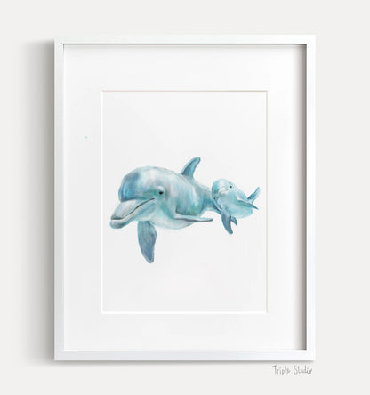 Baby Dolphin and Mom Ocean Art Print
