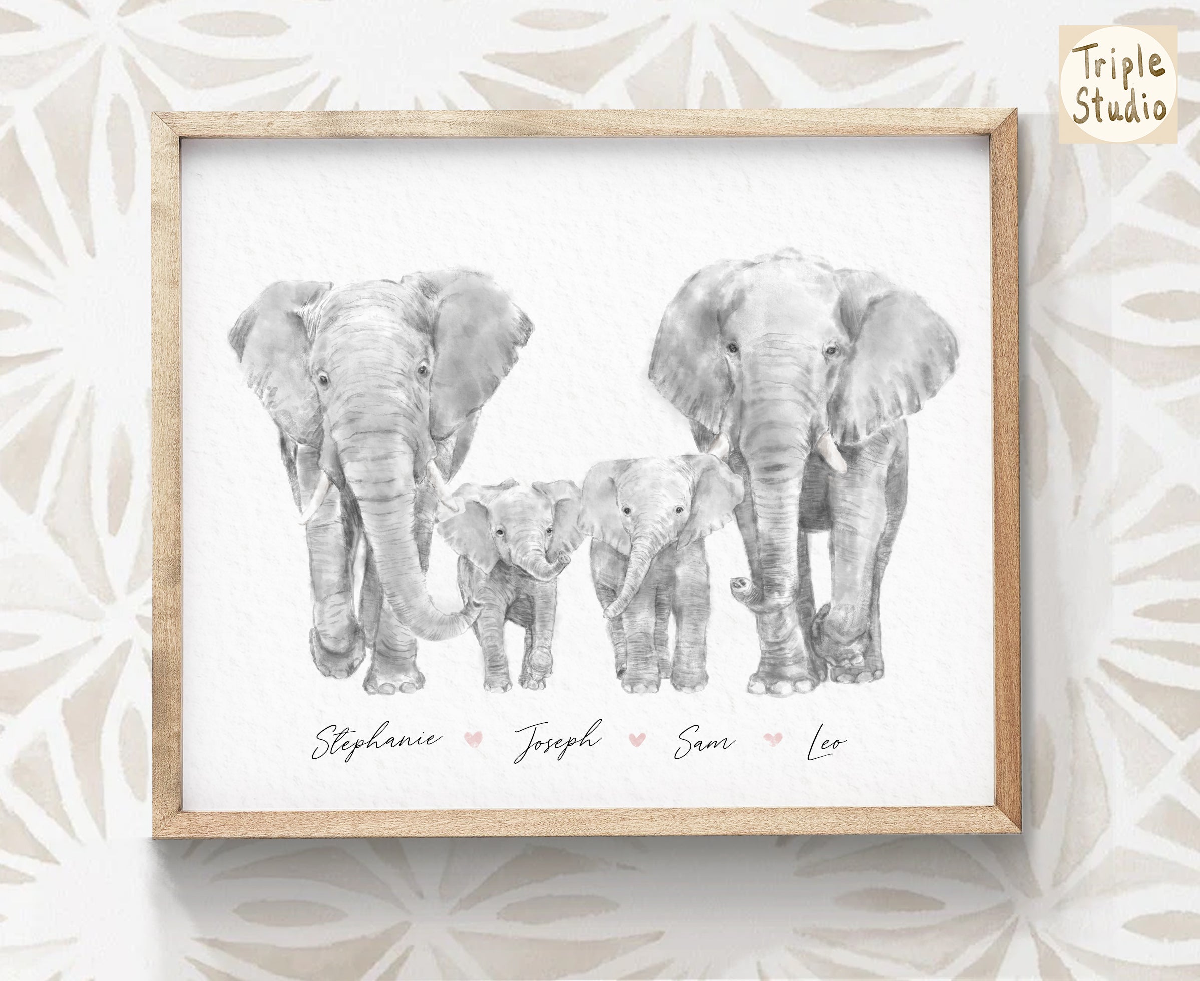 Elephant Family Portrait Print with Personalized Names