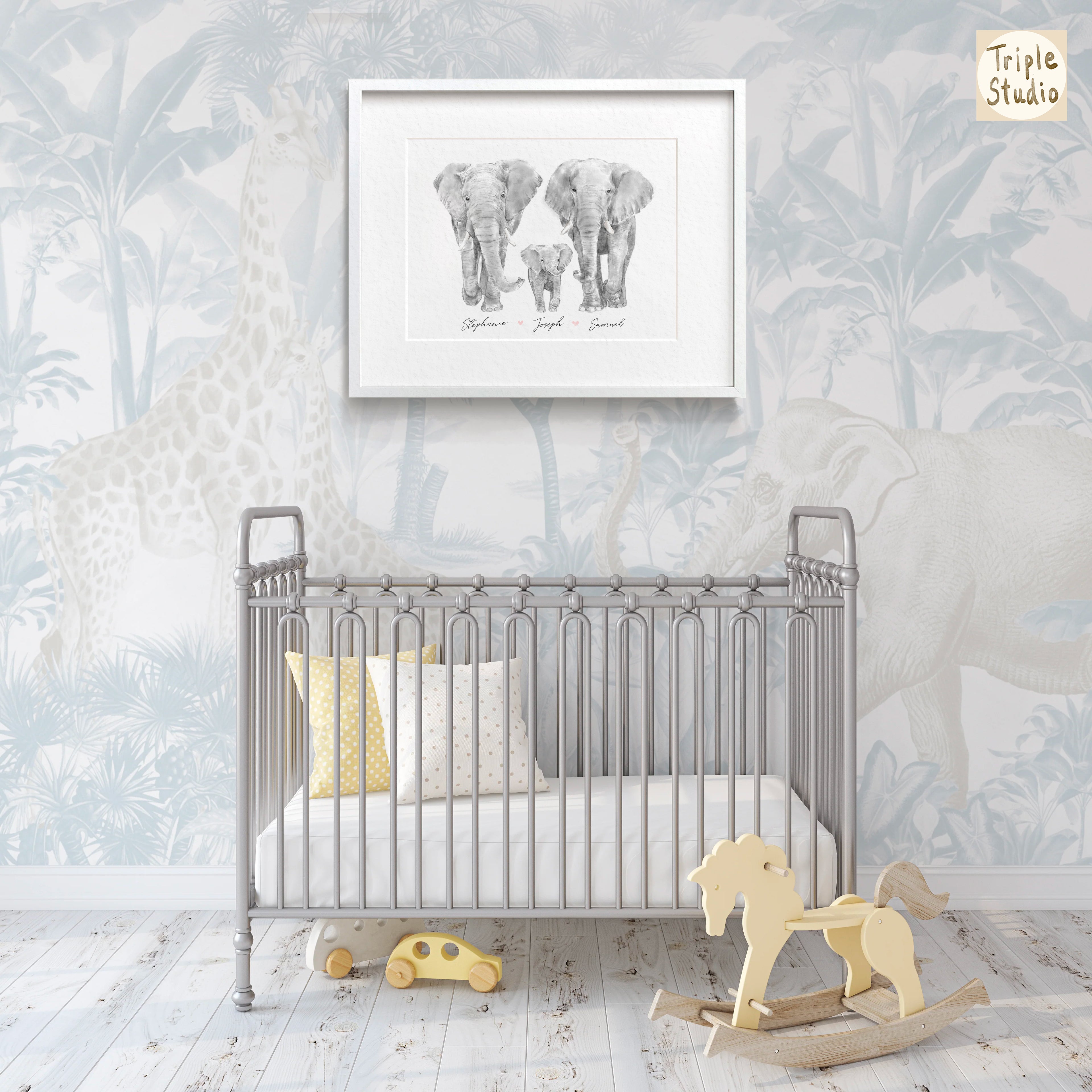Elephant Family Portrait Print with Personalized Names