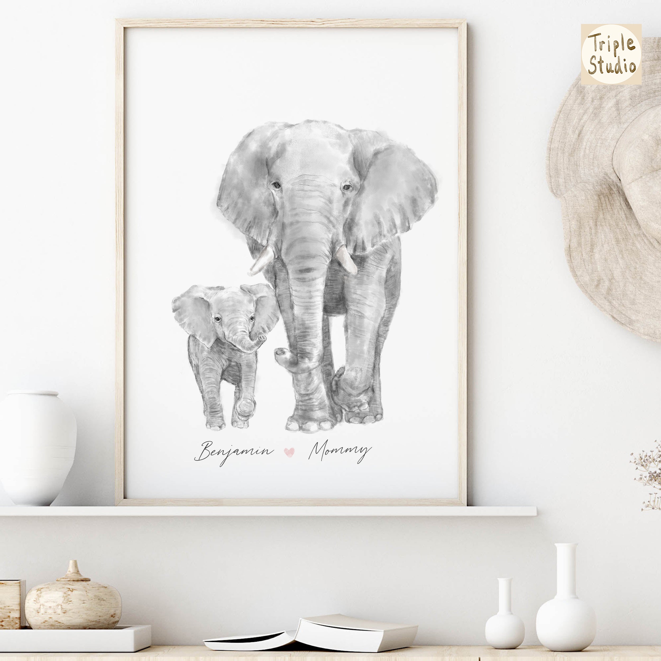 Elephant Family Portrait Print with Personalized Names