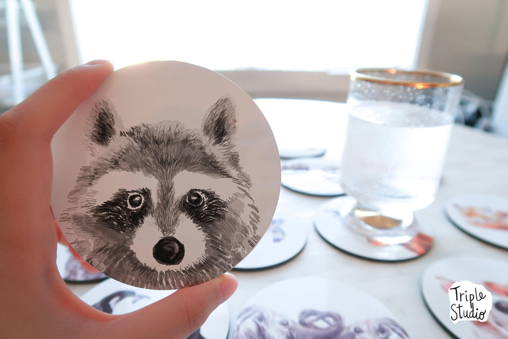 Raccoon Coasters, Funny Watercolor Trash Panda Drink Mats, Housewarming Gift