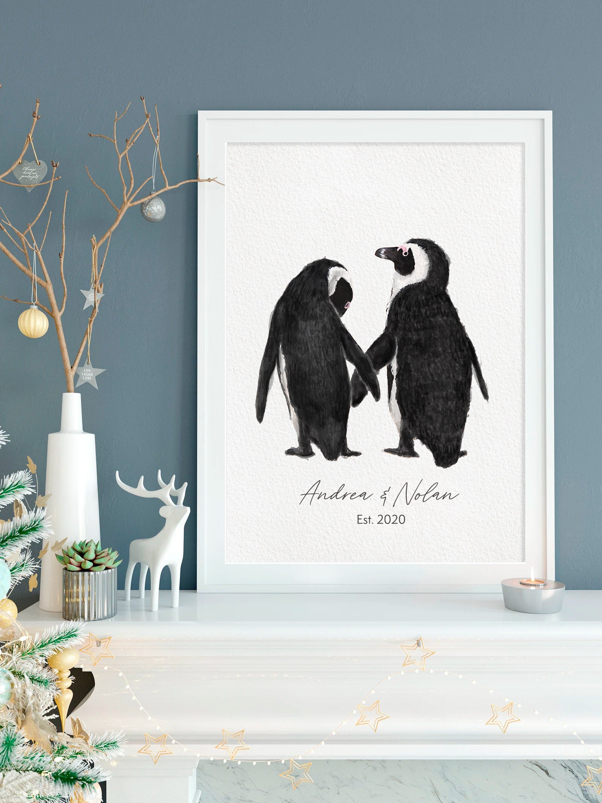 Personalized Wedding Gift - Penguin in Love Wall Art for Newly Wed Couple, Anniversary Unique Art Print, for Wife, for Husband, Missing You