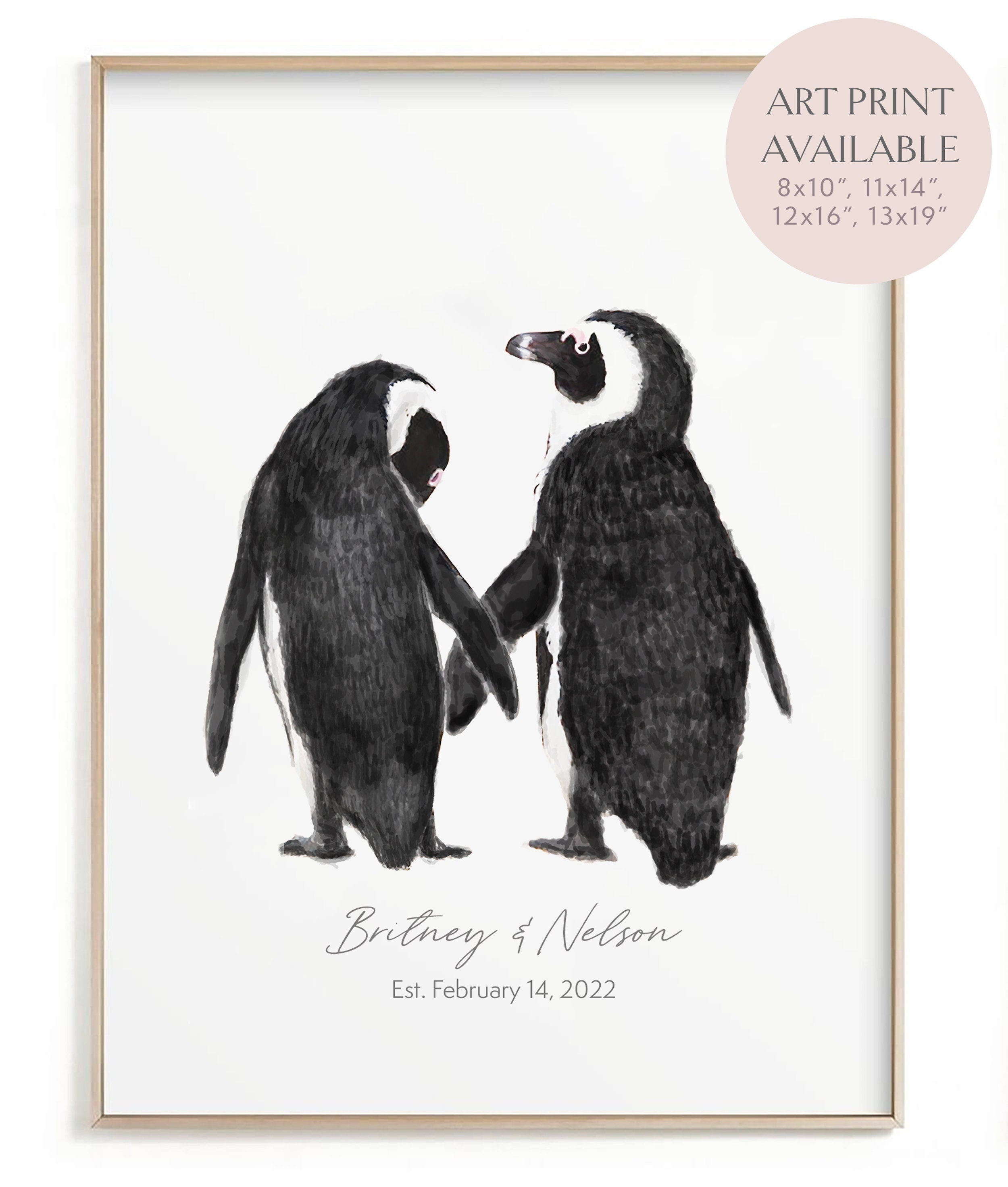 Personalized Wedding Gift - Penguin in Love Wall Art for Newly Wed Couple, Anniversary Unique Art Print, for Wife, for Husband, Missing You
