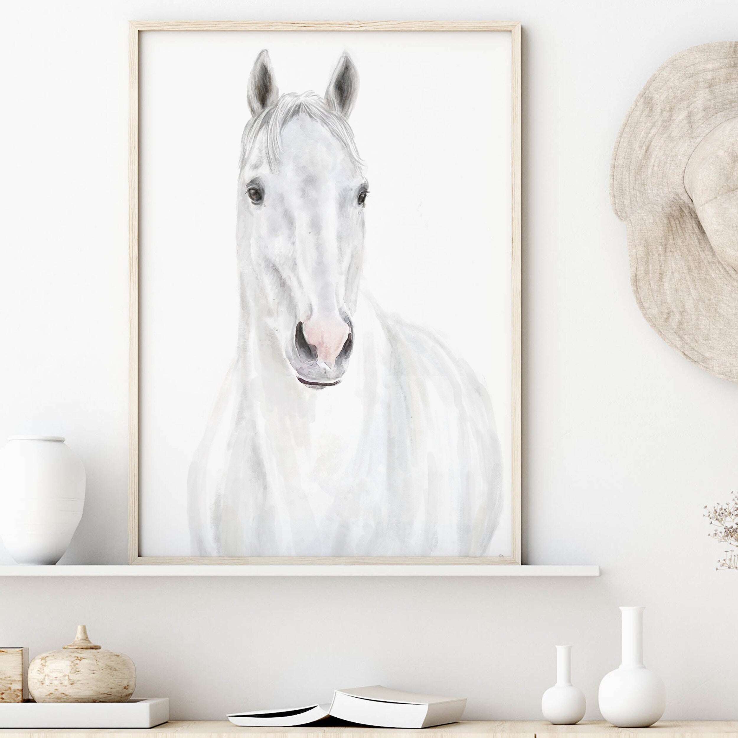 White Horse Wall Art Print - Equestrian Painting - Silver Barn Animal - Watercolor Pony Room Decor - Farm Farmhouse - Signed by Artist