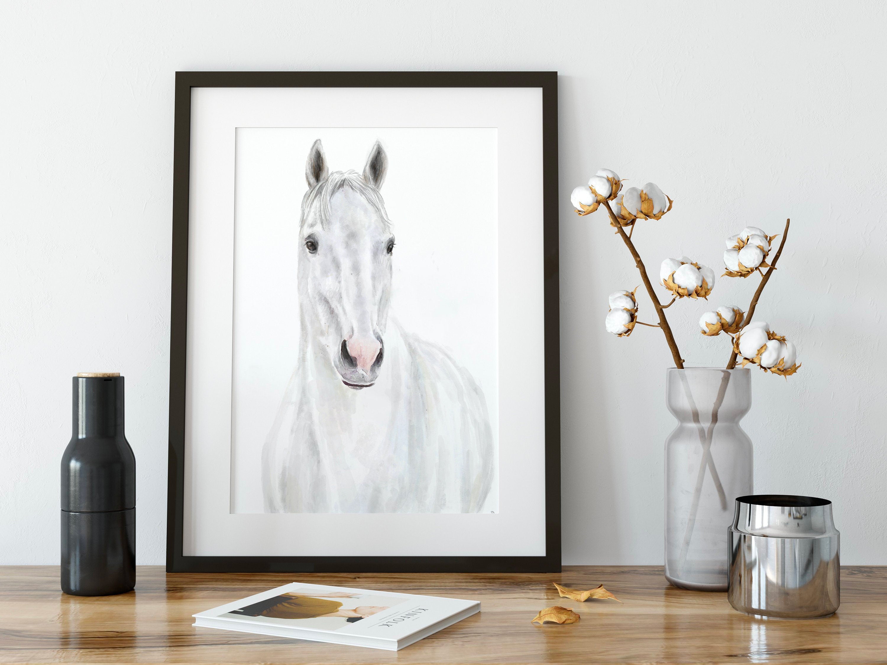White Horse Wall Art Print - Equestrian Painting - Silver Barn Animal - Watercolor Pony Room Decor - Farm Farmhouse - Signed by Artist