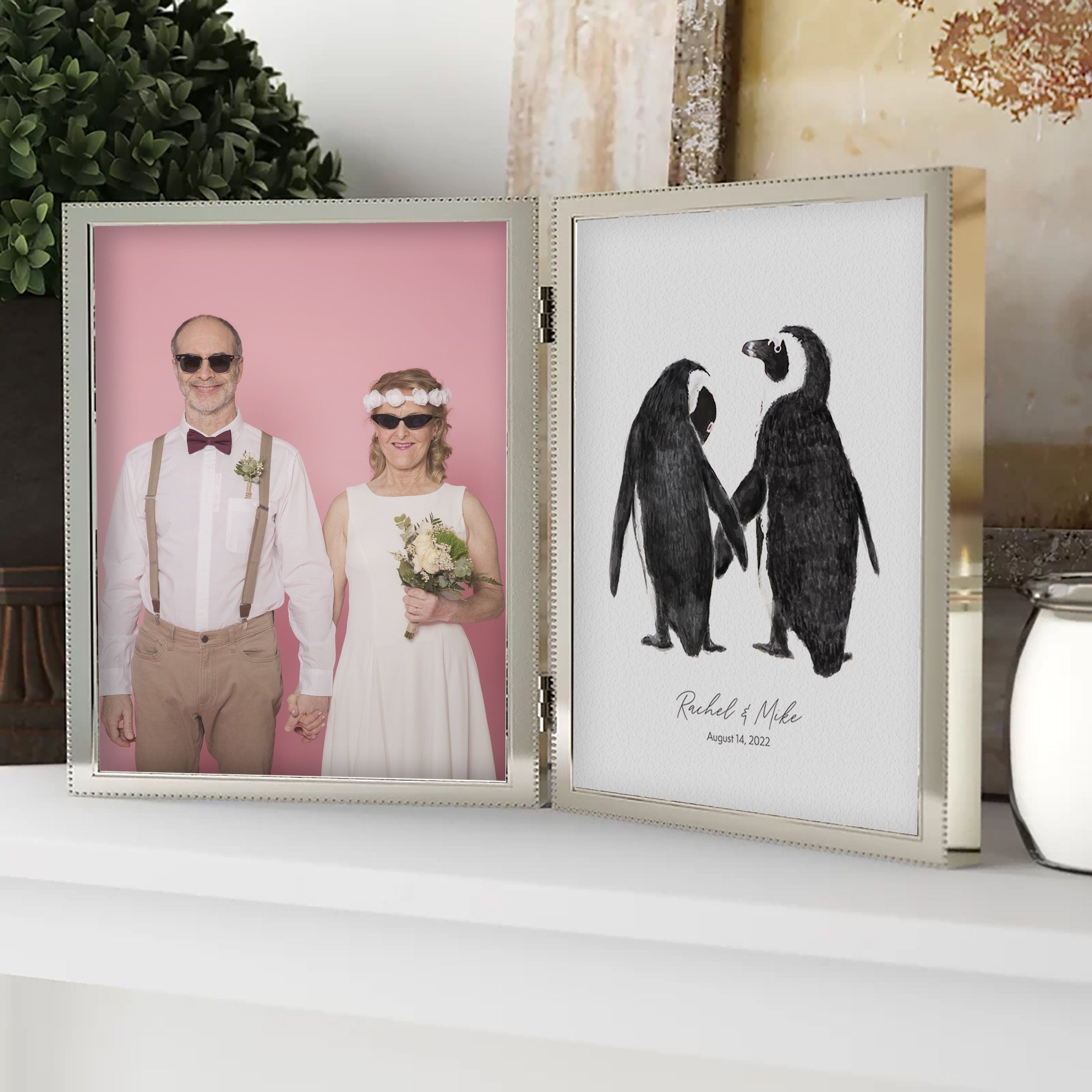 Personalized Wedding Gift - Penguin in Love Wall Art for Newly Wed Couple, Anniversary Unique Art Print, for Wife, for Husband, Missing You