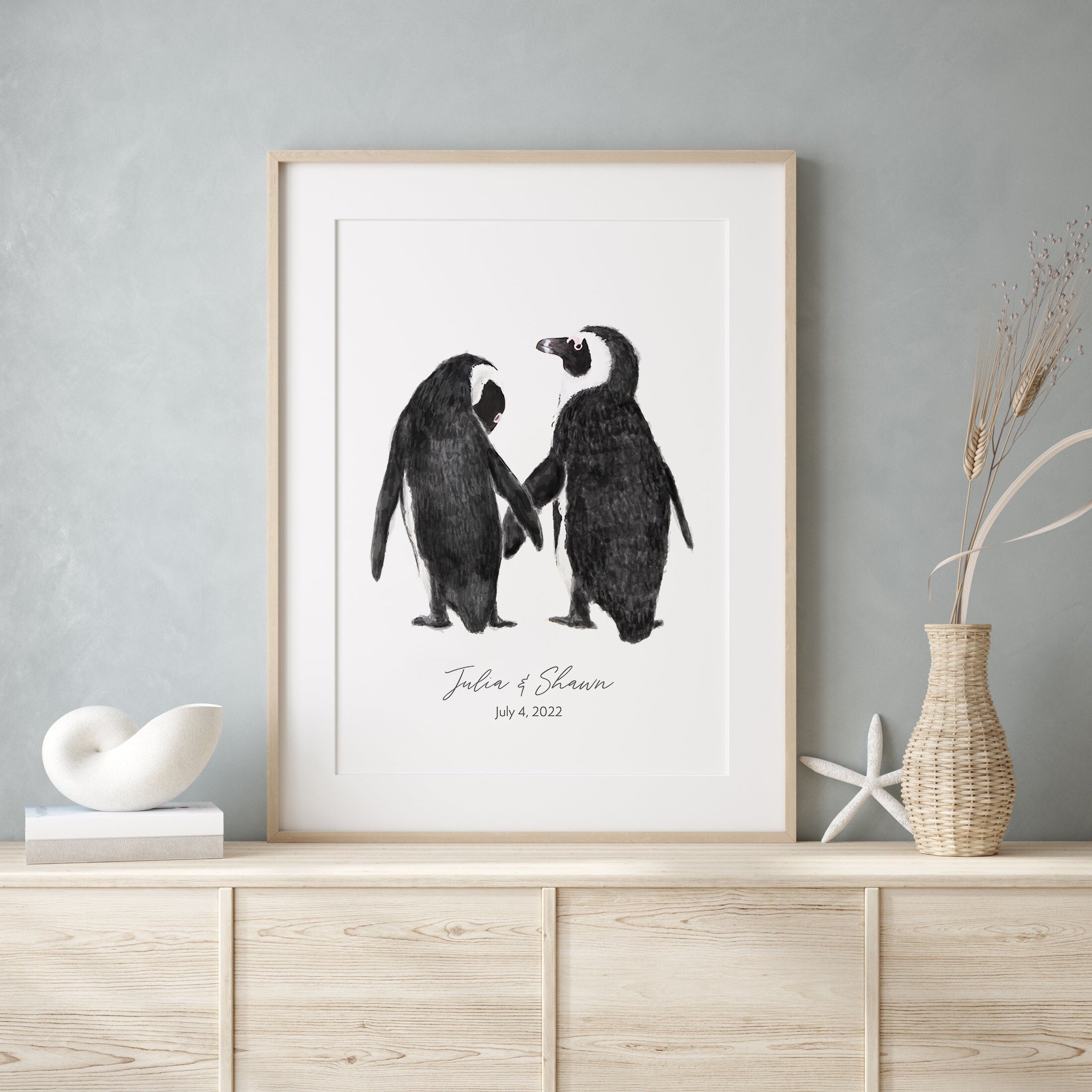 Personalized Wedding Gift - Penguin in Love Wall Art for Newly Wed Couple, Anniversary Unique Art Print, for Wife, for Husband, Missing You