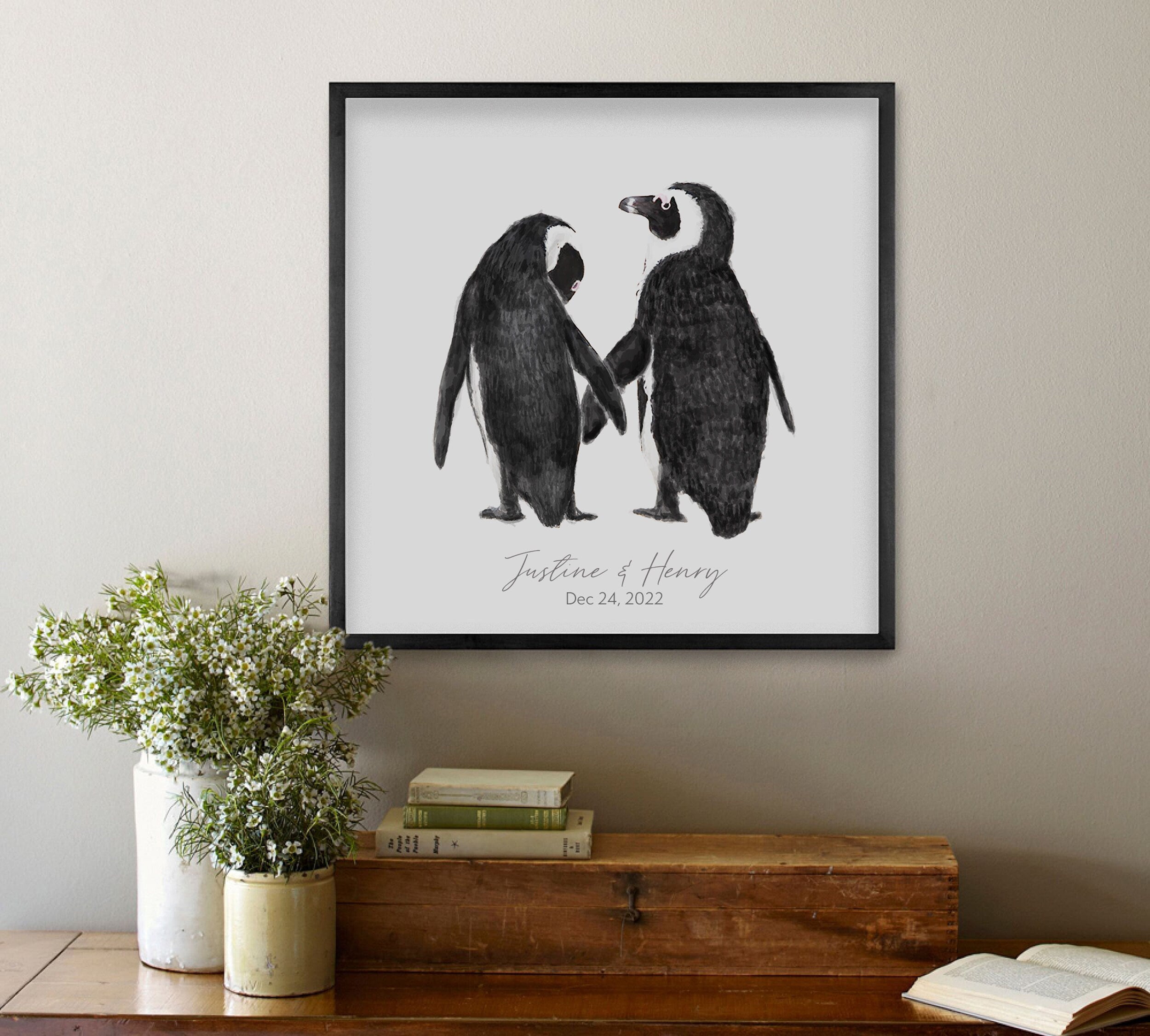 Personalized Wedding Gift - Penguin in Love Wall Art for Newly Wed Couple, Anniversary Unique Art Print, for Wife, for Husband, Missing You