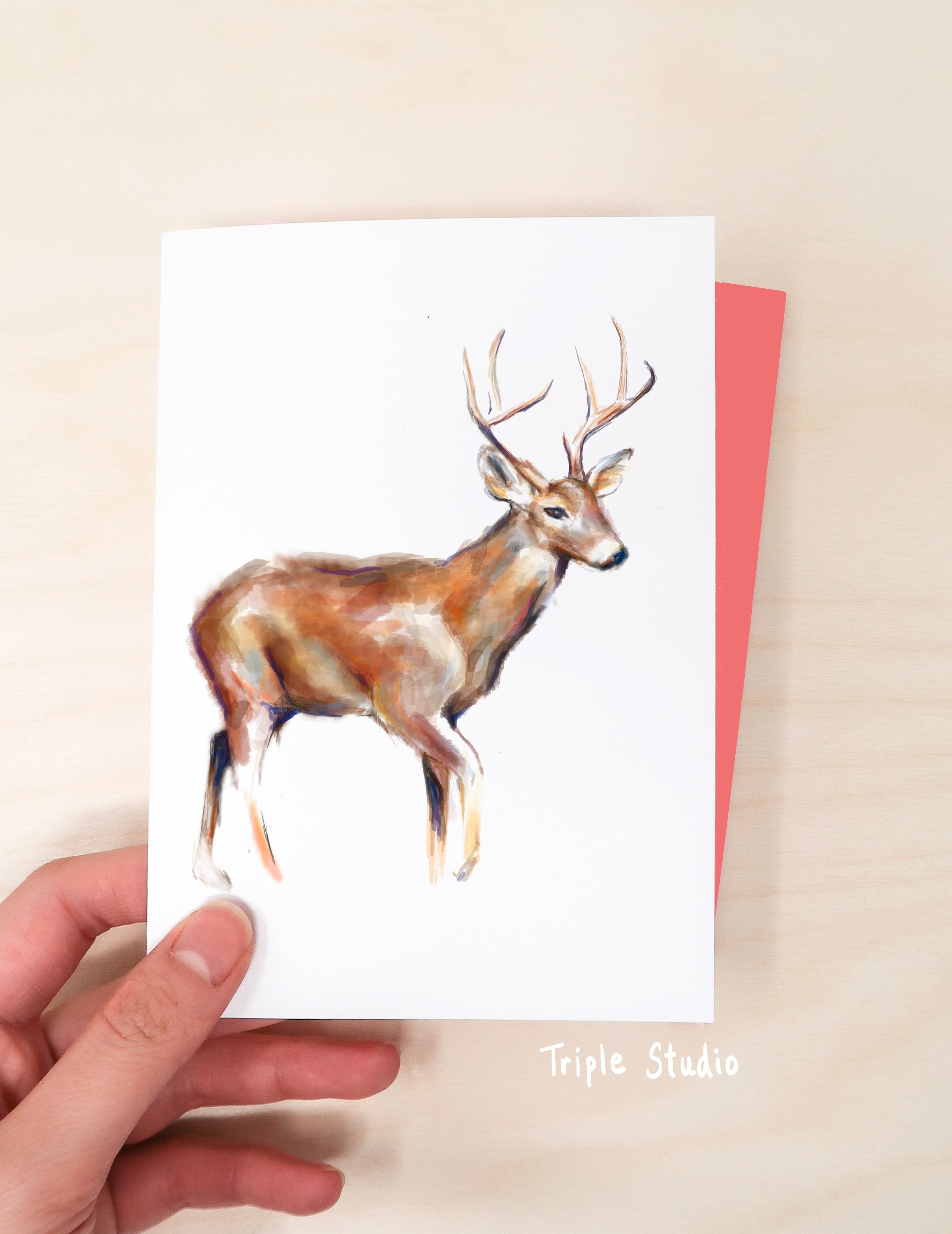 Christmas Card Set, Deer, Happy Holiday Seasonal Gift, Watercolor Wildlife Art Painting Print for Outdoor Animal Lovers