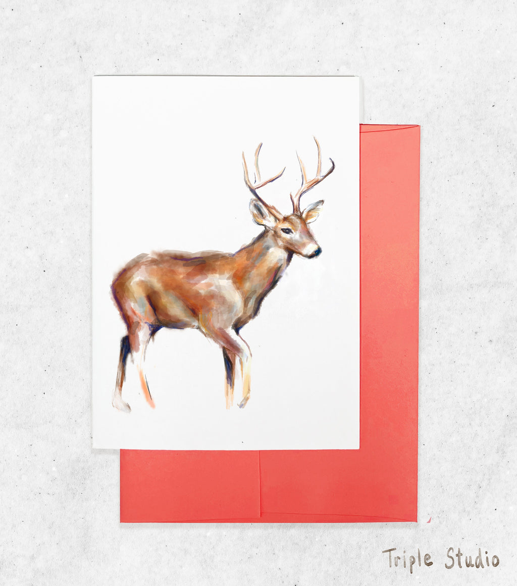 Christmas Card Set, Deer, Happy Holiday Seasonal Gift, Watercolor Wildlife Art Painting Print for Outdoor Animal Lovers