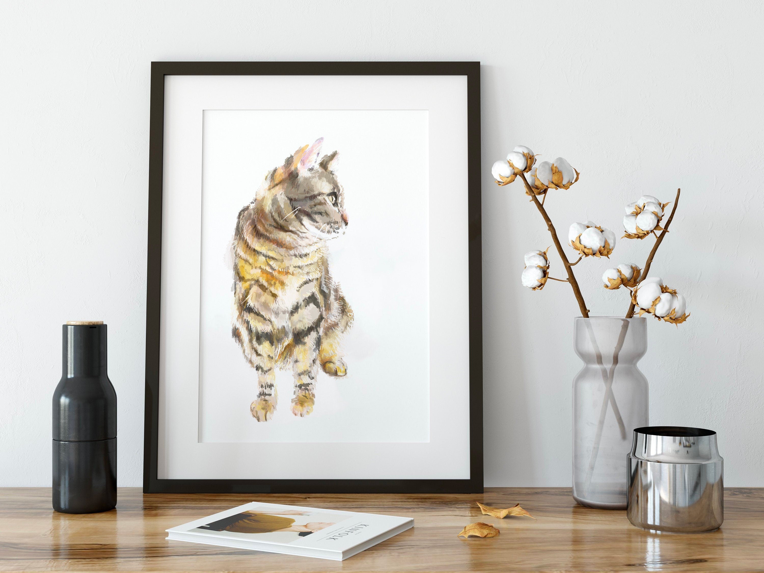 Gray Tabby Cat Watercolor Painting || Minimalistic Modern Cat Wall Art Print, Gift For Cat Lover, Crazy Cat Lady