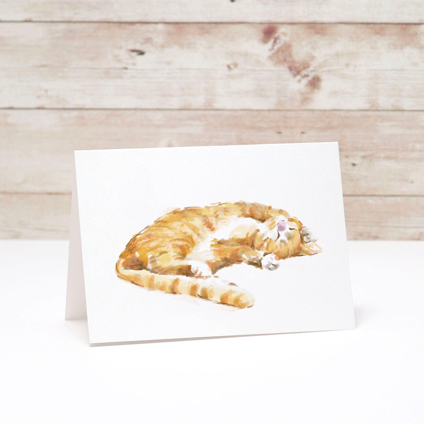 Sleepy Orange Tabby Cat Watercolor Blank Card