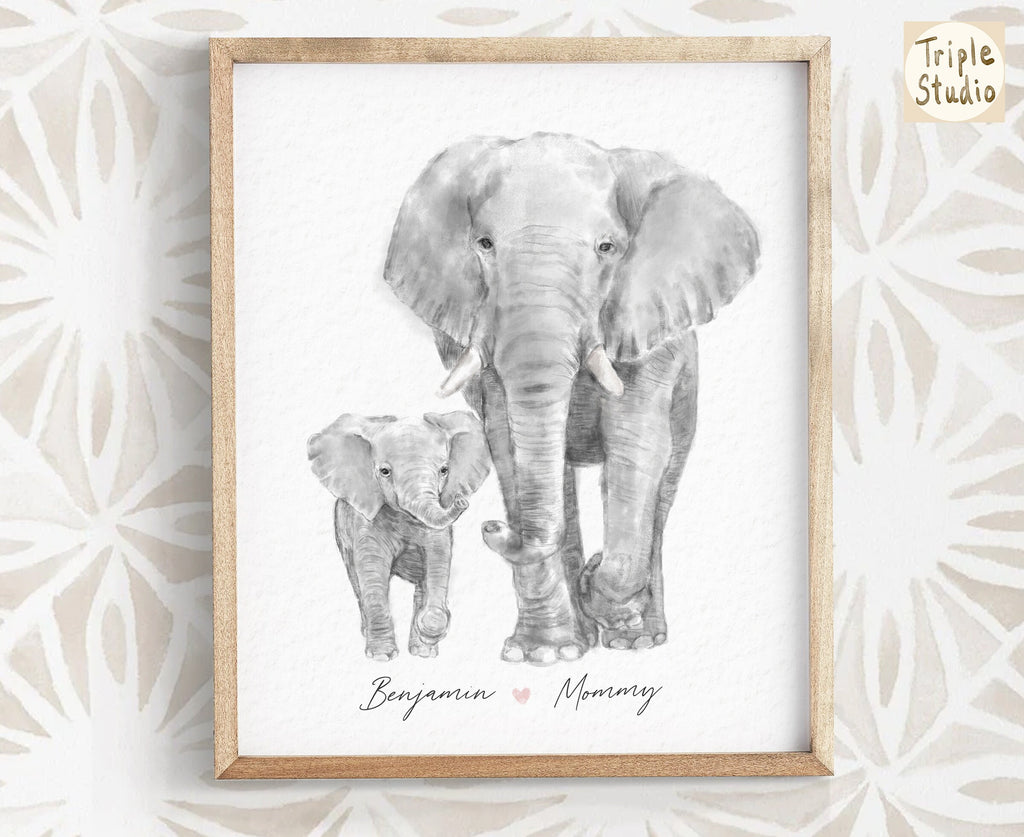 Baby Elephant and Mom Art Print, Personalized with Names, Motherhood Best Gift, Boy Neutral Safari Nursery Minimalist Wall Decor