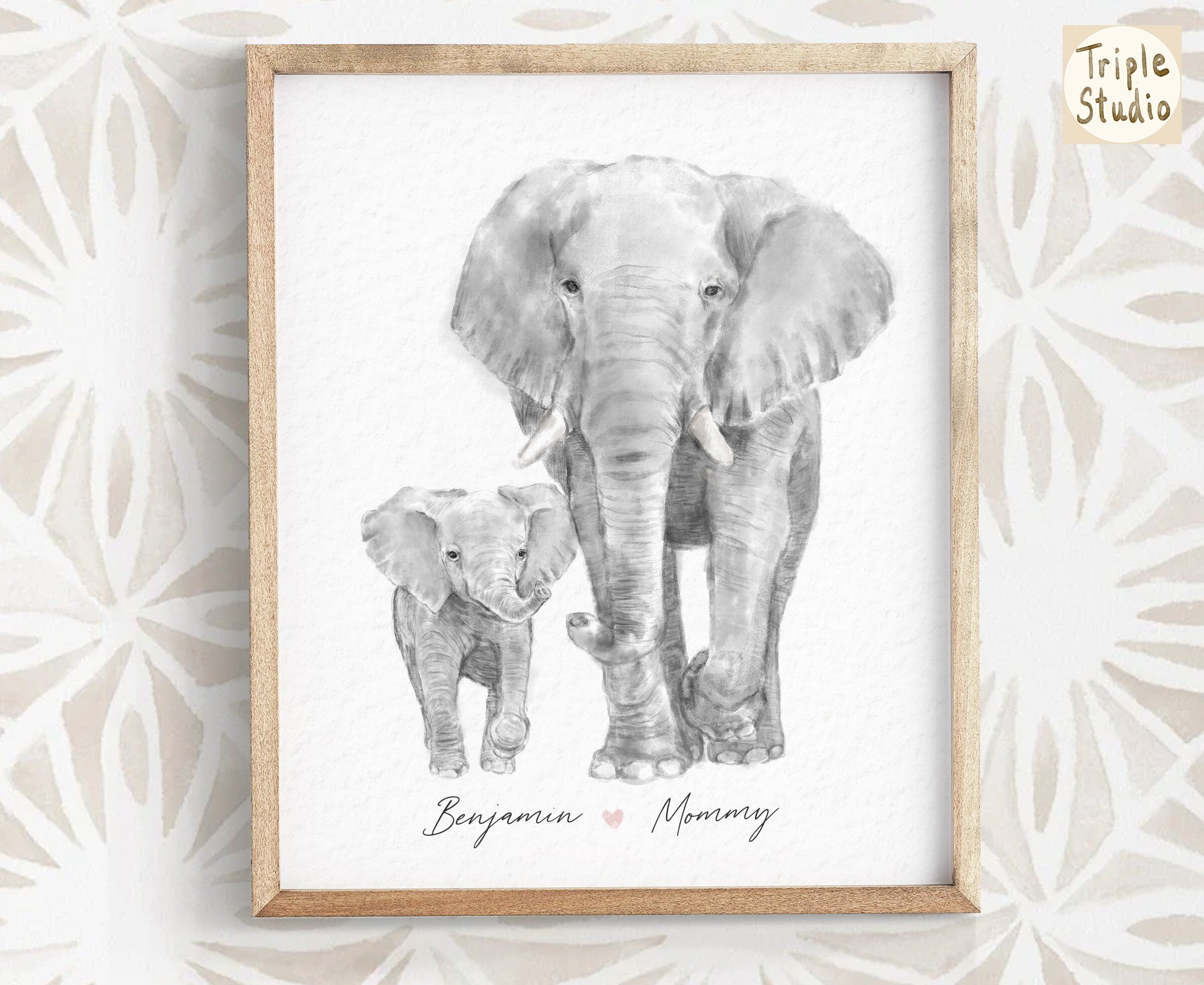 Baby Elephant and Mom Art Print, Personalized with Names, Motherhood Best Gift, Boy Neutral Safari Nursery Minimalist Wall Decor