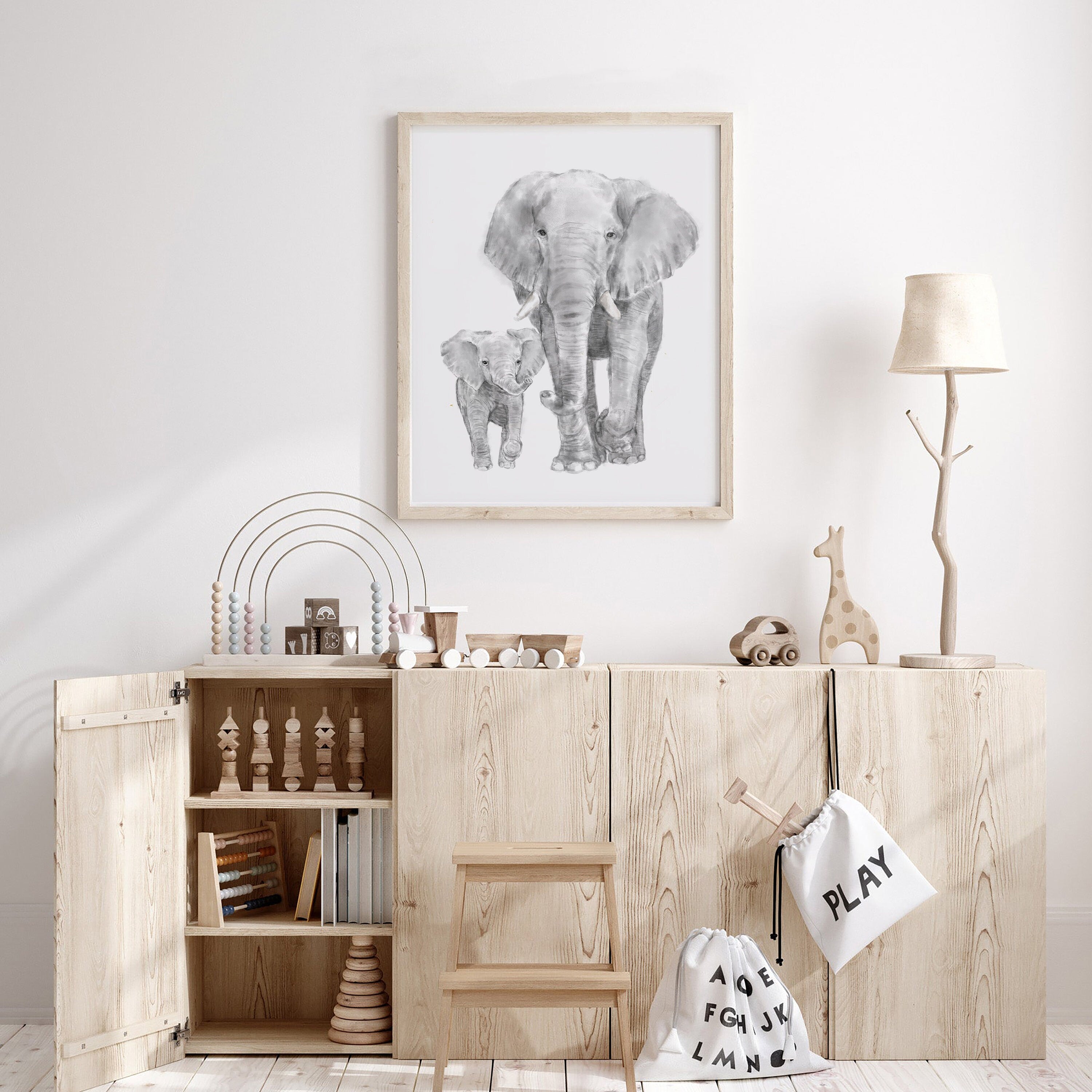 Baby Elephant and Mom Art Print, Personalized with Names, Motherhood Best Gift, Boy Neutral Safari Nursery Minimalist Wall Decor