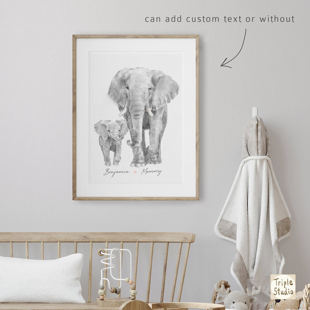 Baby Elephant and Mom Art Print, Personalized with Names, Motherhood Best Gift, Boy Neutral Safari Nursery Minimalist Wall Decor