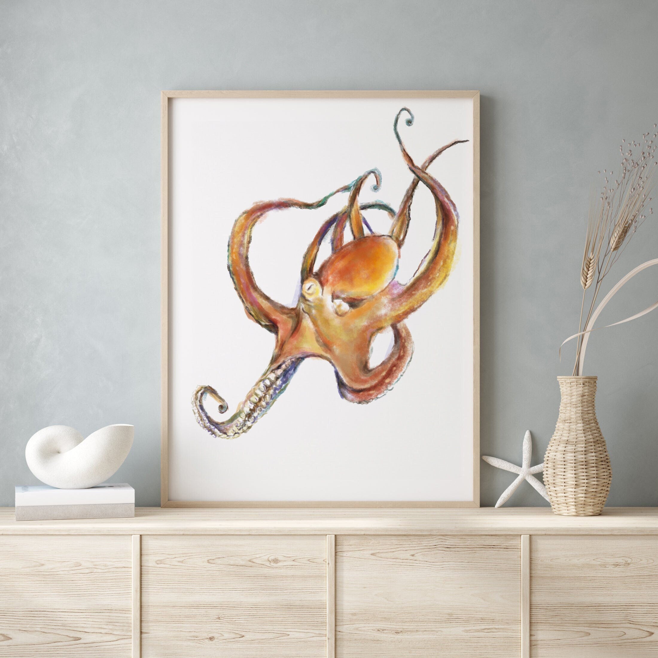 Contemporary Octopus Watercolor Art - Minimalistic Marine Wall Decor by Crystal Ho
