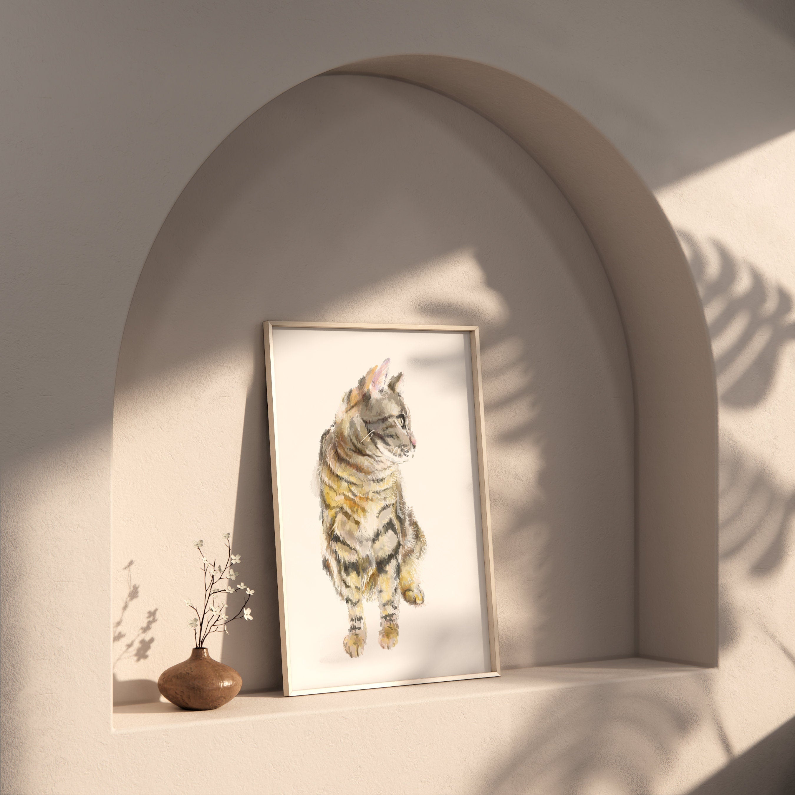 Gray Tabby Cat Watercolor Painting || Minimalistic Modern Cat Wall Art Print, Gift For Cat Lover, Crazy Cat Lady