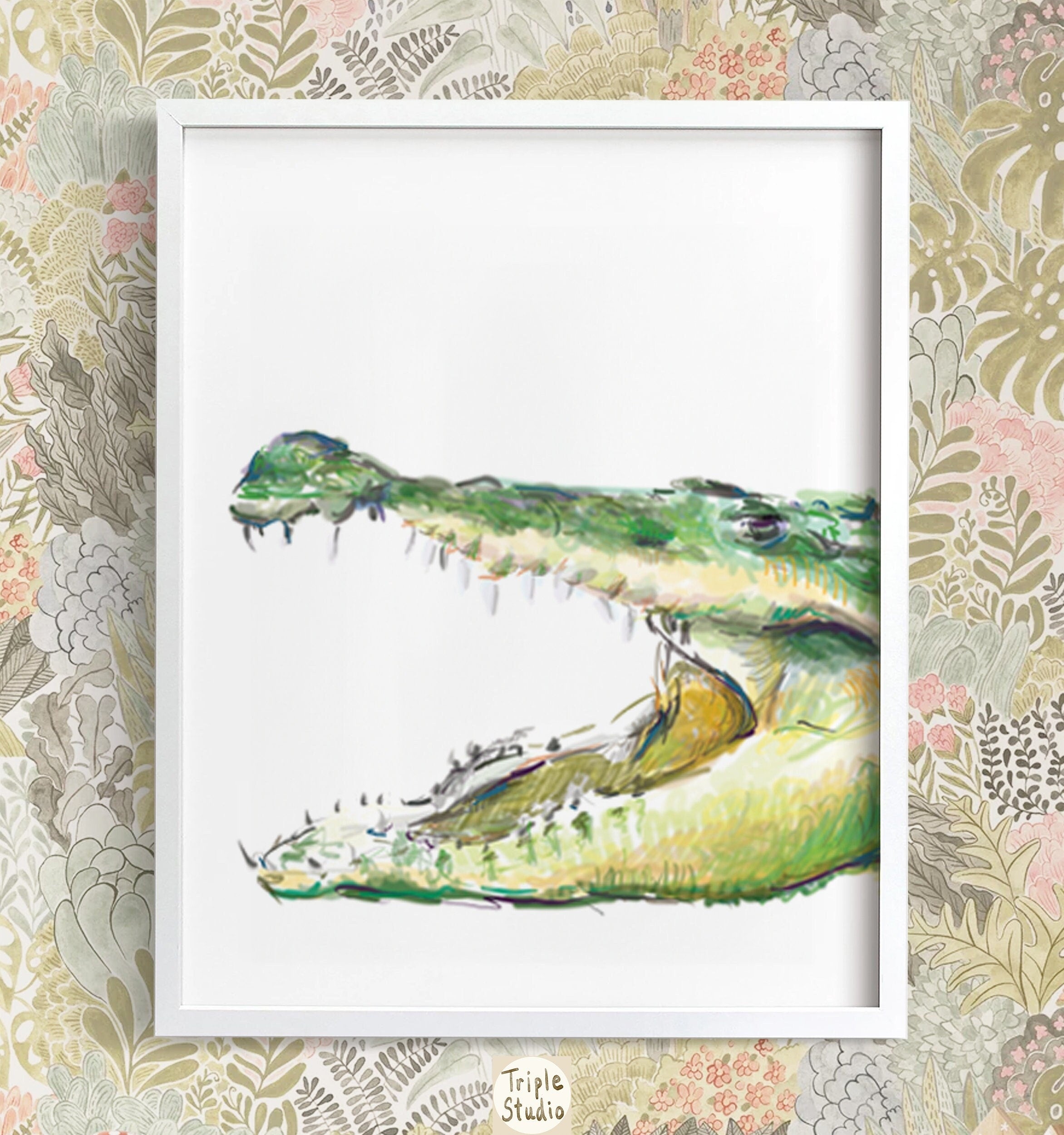 Alligator Nursery Art - Crocodile Watercolor Painting - Safari Green Wall Print - Baby Boy room decor - Jungle Themed