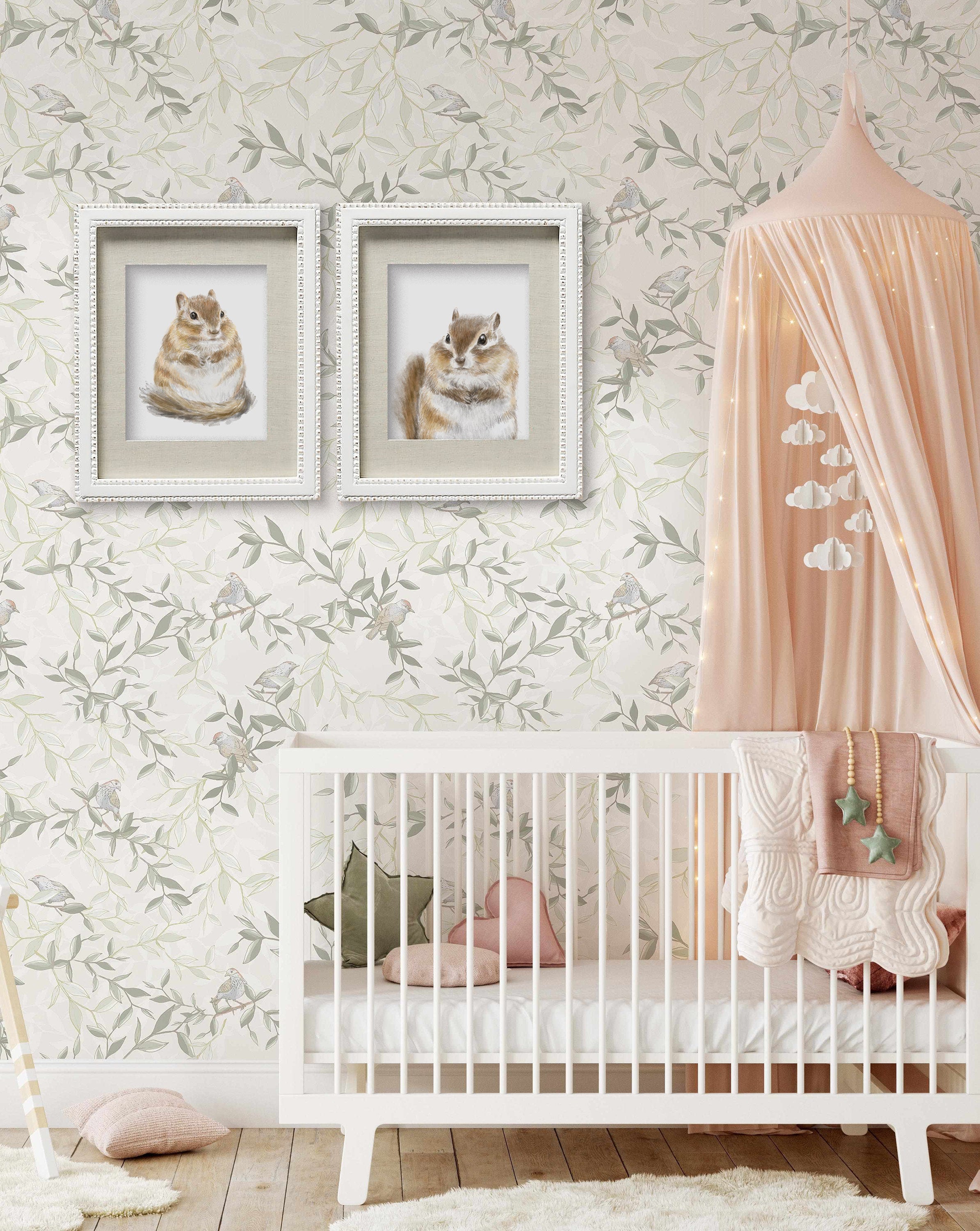 Cute Chipmunks Nursery Art Set - Baby Girl Room Decor, Woodland Animal for Bedroom, Boho Minimalist Forest Watercolor Painting