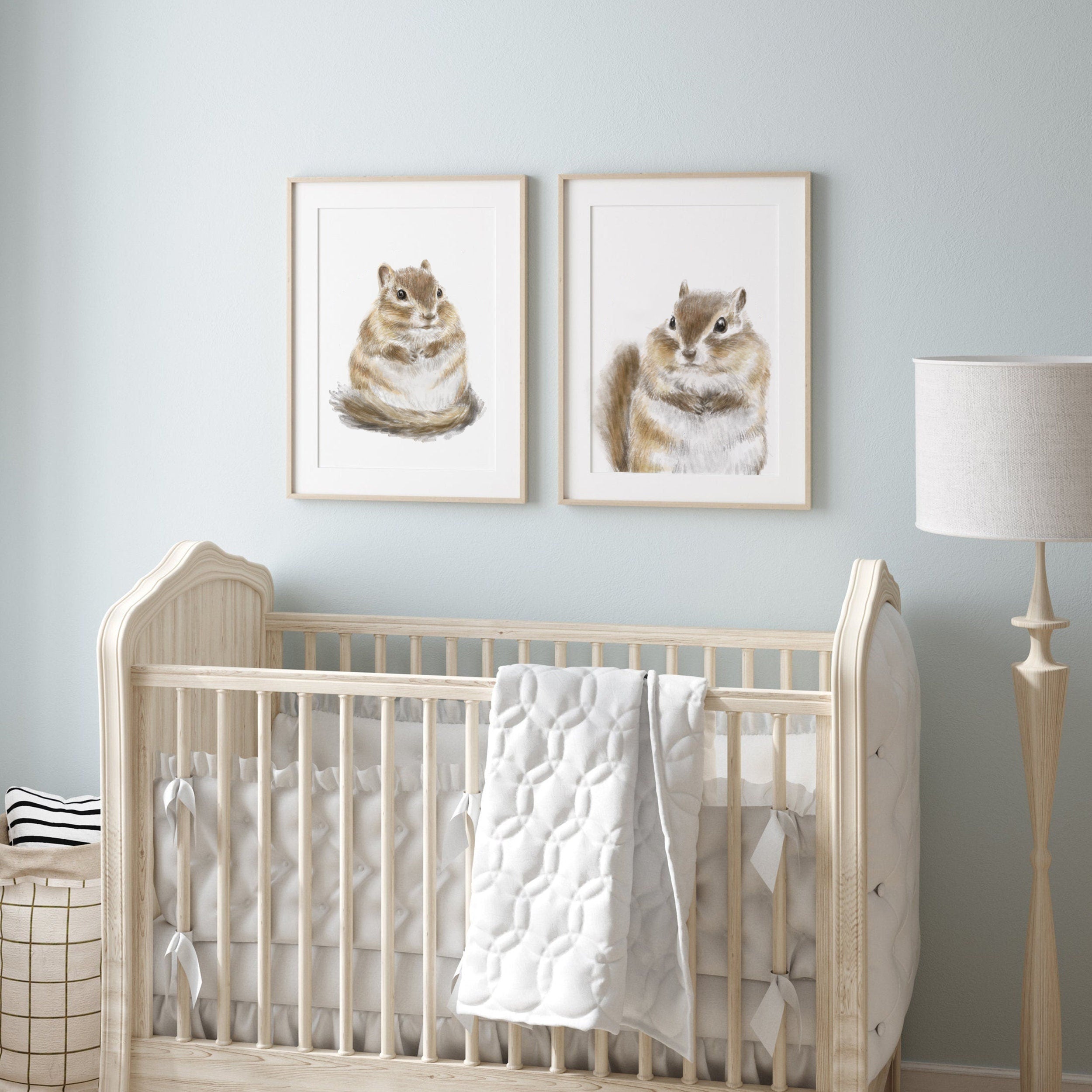 Cute Chipmunks Nursery Art Set - Baby Girl Room Decor, Woodland Animal for Bedroom, Boho Minimalist Forest Watercolor Painting