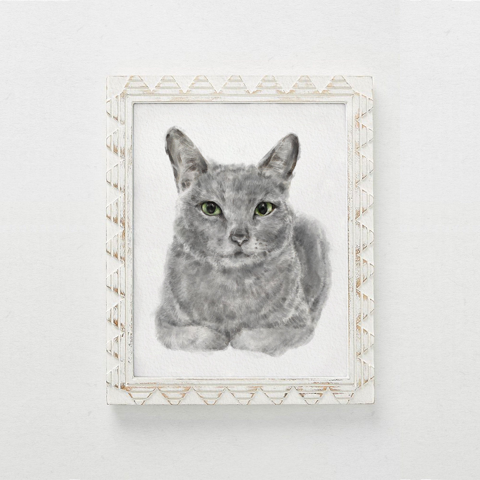 Gray Cat Modern Watercolor Painting, Home Wall Art Print, Crazy Cat Lady, Cat Lover Unique Gift, Minimal, Russian Blue, Signed by Artist