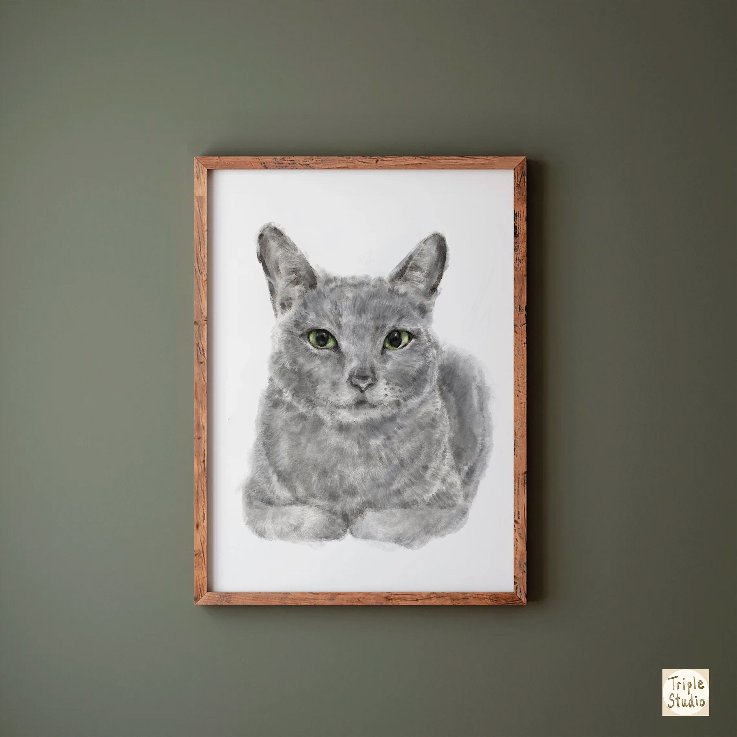 Gray Cat Modern Watercolor Painting, Home Wall Art Print, Crazy Cat Lady, Cat Lover Unique Gift, Minimal, Russian Blue, Signed by Artist