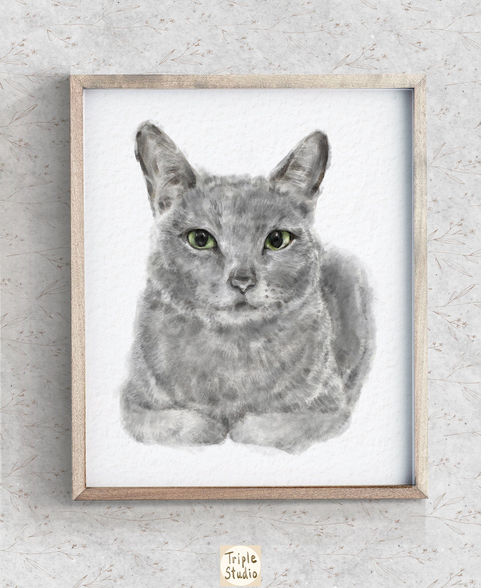 Gray Cat Modern Watercolor Painting, Home Wall Art Print, Crazy Cat Lady, Cat Lover Unique Gift, Minimal, Russian Blue, Signed by Artist