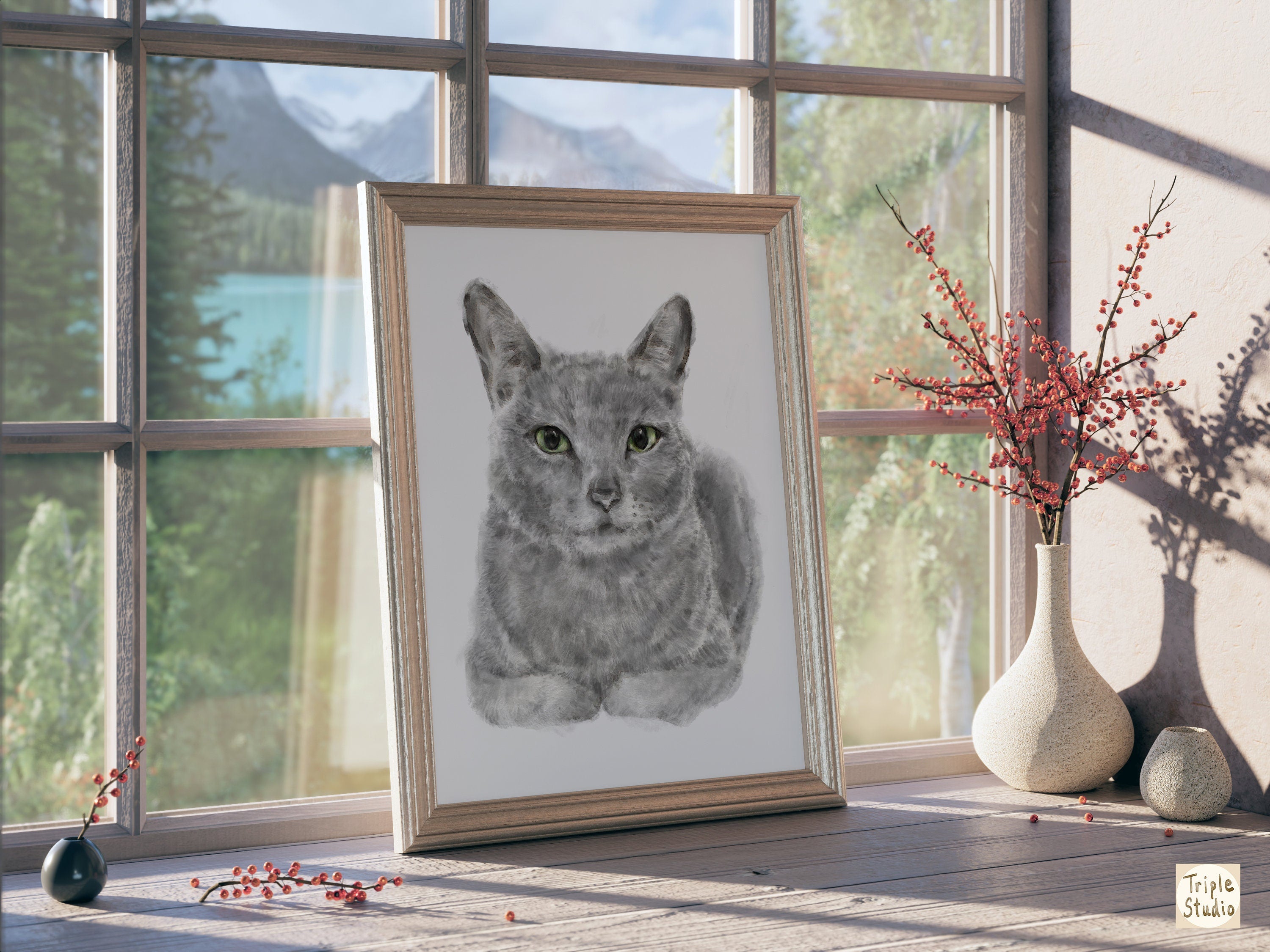 Gray Cat Modern Watercolor Painting, Home Wall Art Print, Crazy Cat Lady, Cat Lover Unique Gift, Minimal, Russian Blue, Signed by Artist