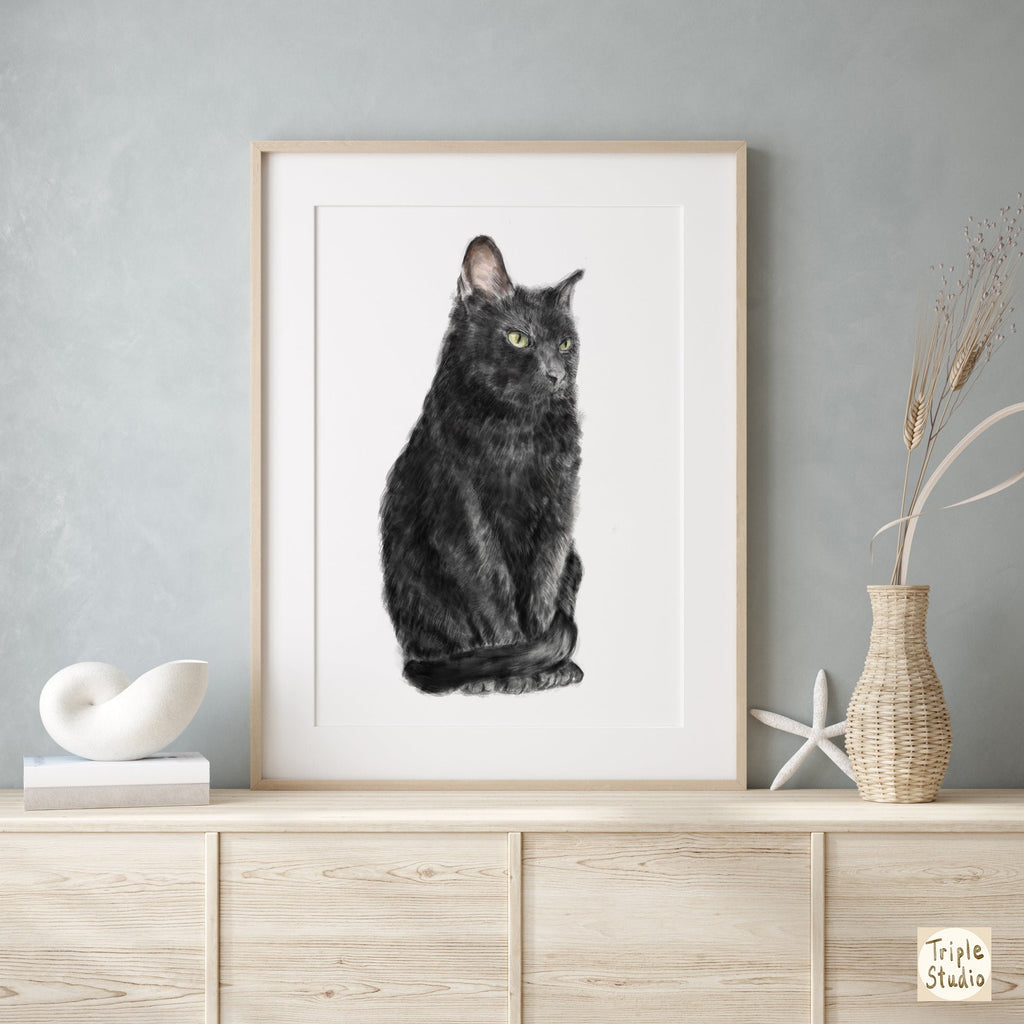 Bombay Black Cat Wall Art | Modern Watercolor Painting, Sleek Home Decor, Crazy Cat Lady, Cat Lover Unique Gift, Minimal, Signed by Artist