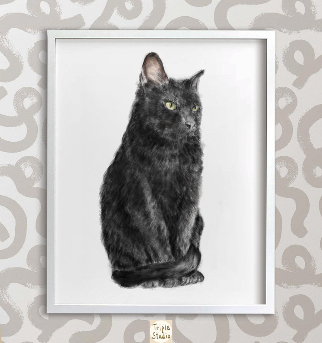 Bombay Black Cat Wall Art | Modern Watercolor Painting, Sleek Home Decor, Crazy Cat Lady, Cat Lover Unique Gift, Minimal, Signed by Artist