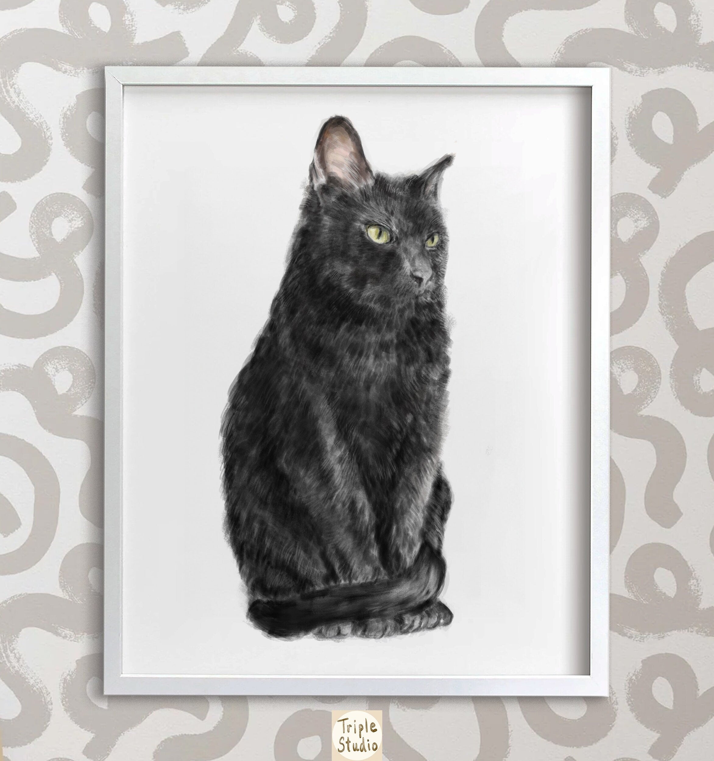 Bombay Black Cat Wall Art | Modern Watercolor Painting, Sleek Home Decor, Crazy Cat Lady, Cat Lover Unique Gift, Minimal, Signed by Artist
