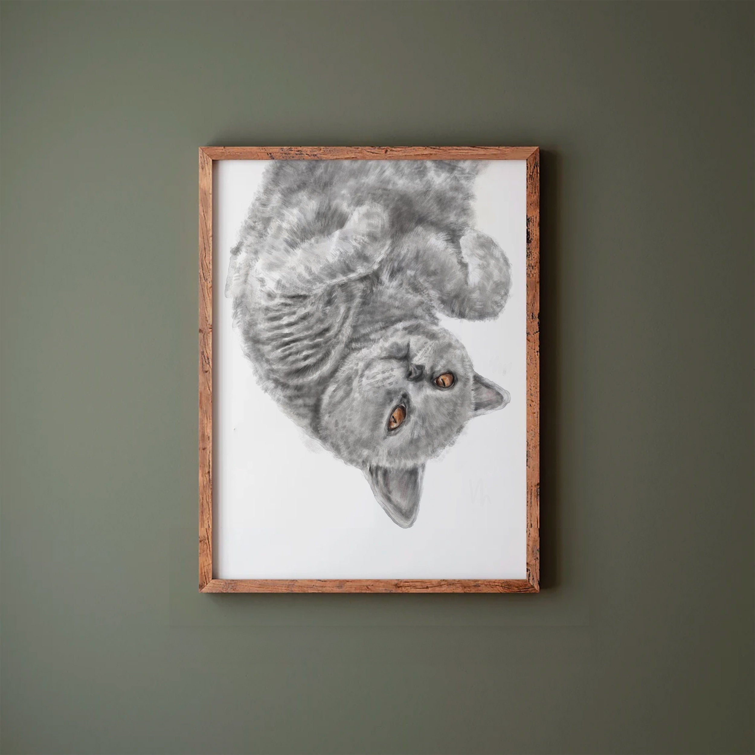 Gray Cat Watercolor Painting, Gray British Shorthair Modern Wall Art for Home Decor, Minimalist Cute Zen Kitten Gift, Signed by Artist