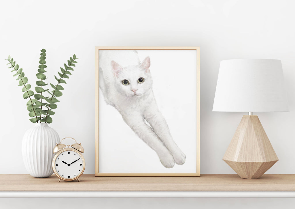 White Cat Watercolor Painting, Modern Wall Art for Home Decor, Elegant Zen Kitten Gift, Minimalist, Unframed, Signed by Artist