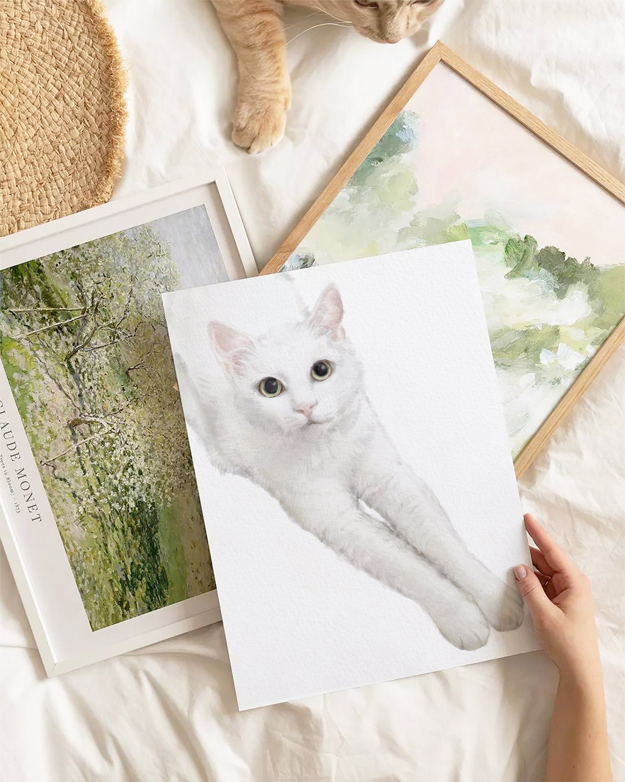 White Cat Watercolor Painting, Modern Wall Art for Home Decor, Elegant Zen Kitten Gift, Minimalist, Unframed, Signed by Artist