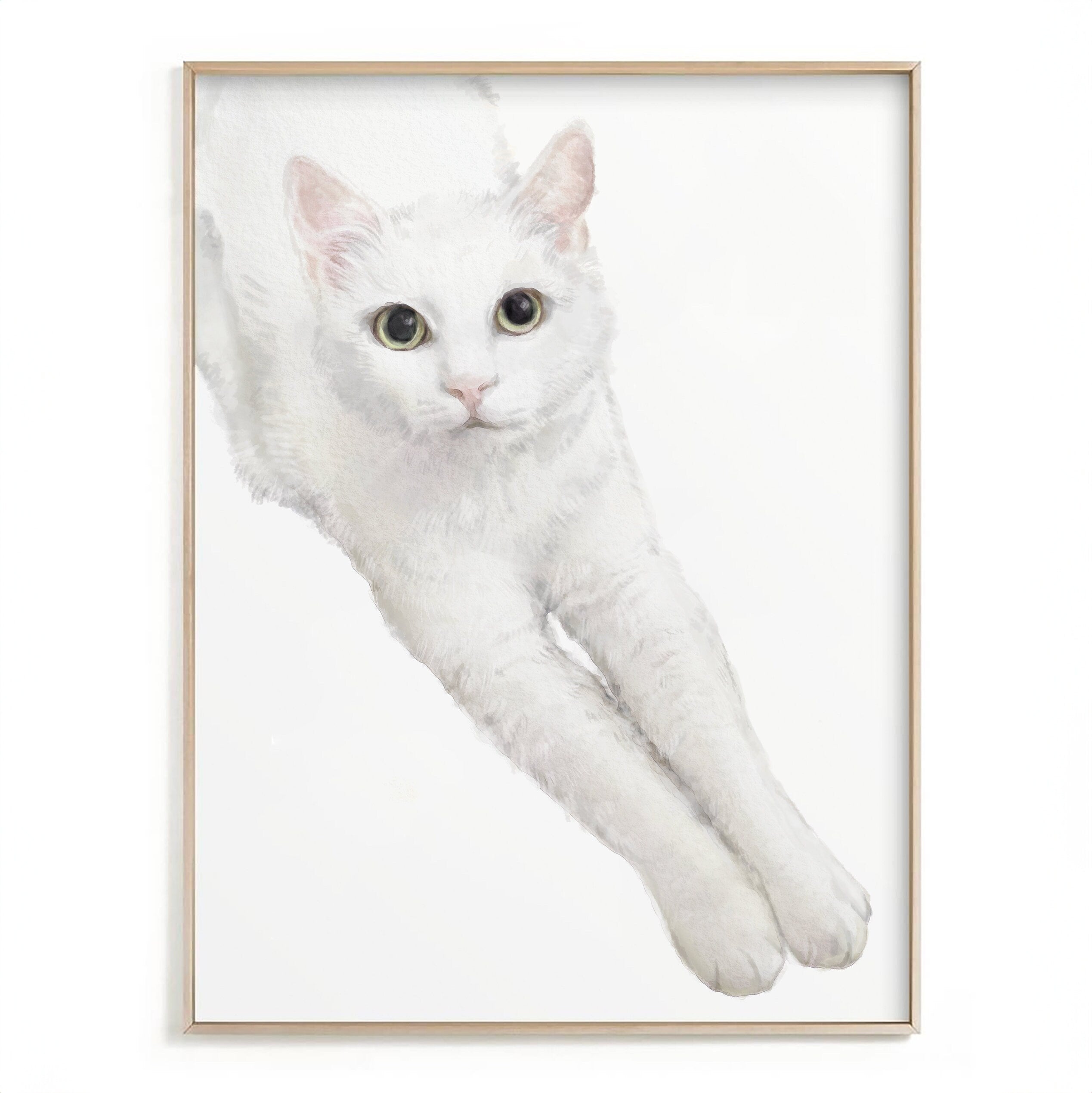 White Cat Watercolor Painting, Modern Wall Art for Home Decor, Elegant Zen Kitten Gift, Minimalist, Unframed, Signed by Artist