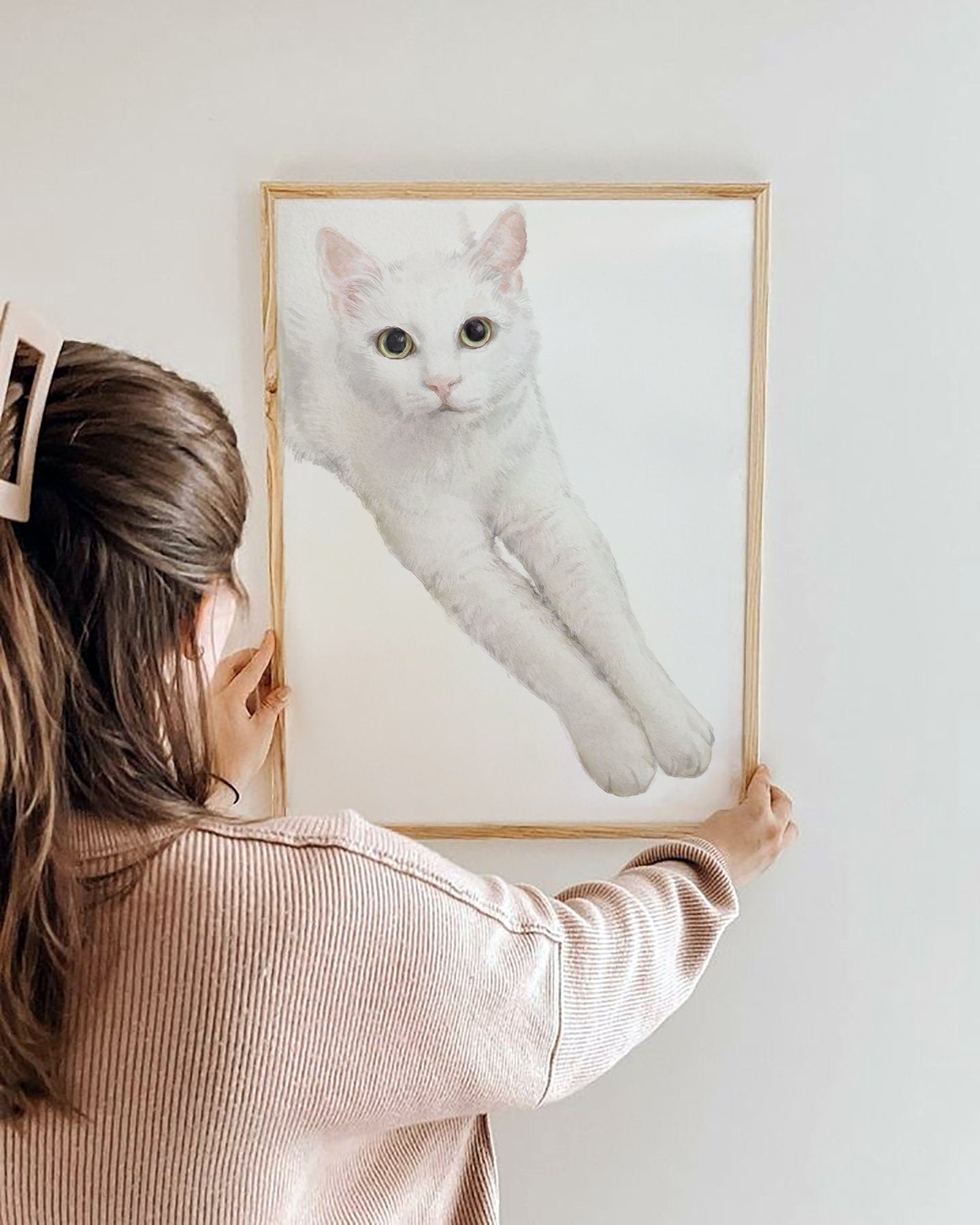 White Cat Watercolor Painting, Modern Wall Art for Home Decor, Elegant Zen Kitten Gift, Minimalist, Unframed, Signed by Artist
