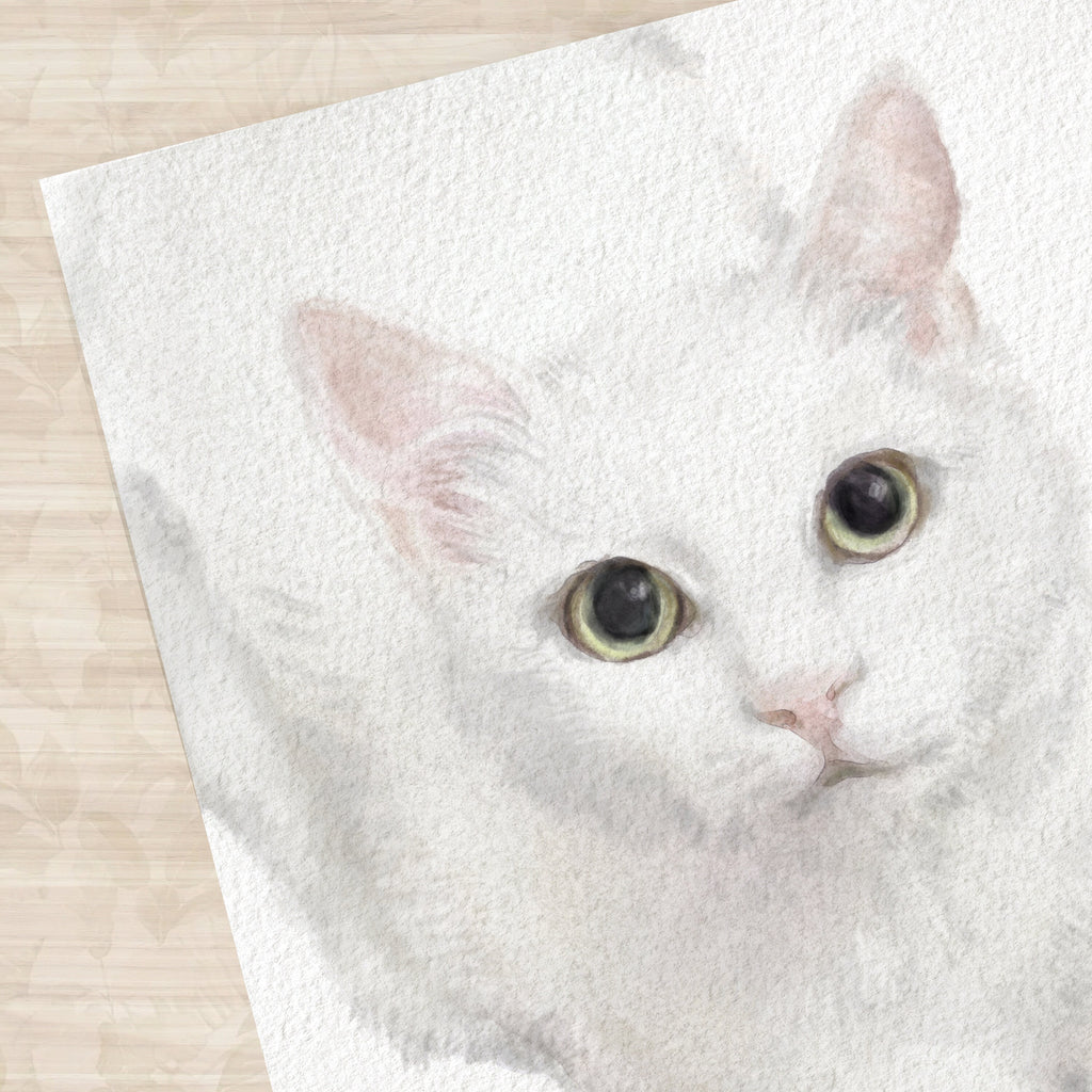 White Cat Watercolor Painting, Modern Wall Art for Home Decor, Elegant Zen Kitten Gift, Minimalist, Unframed, Signed by Artist
