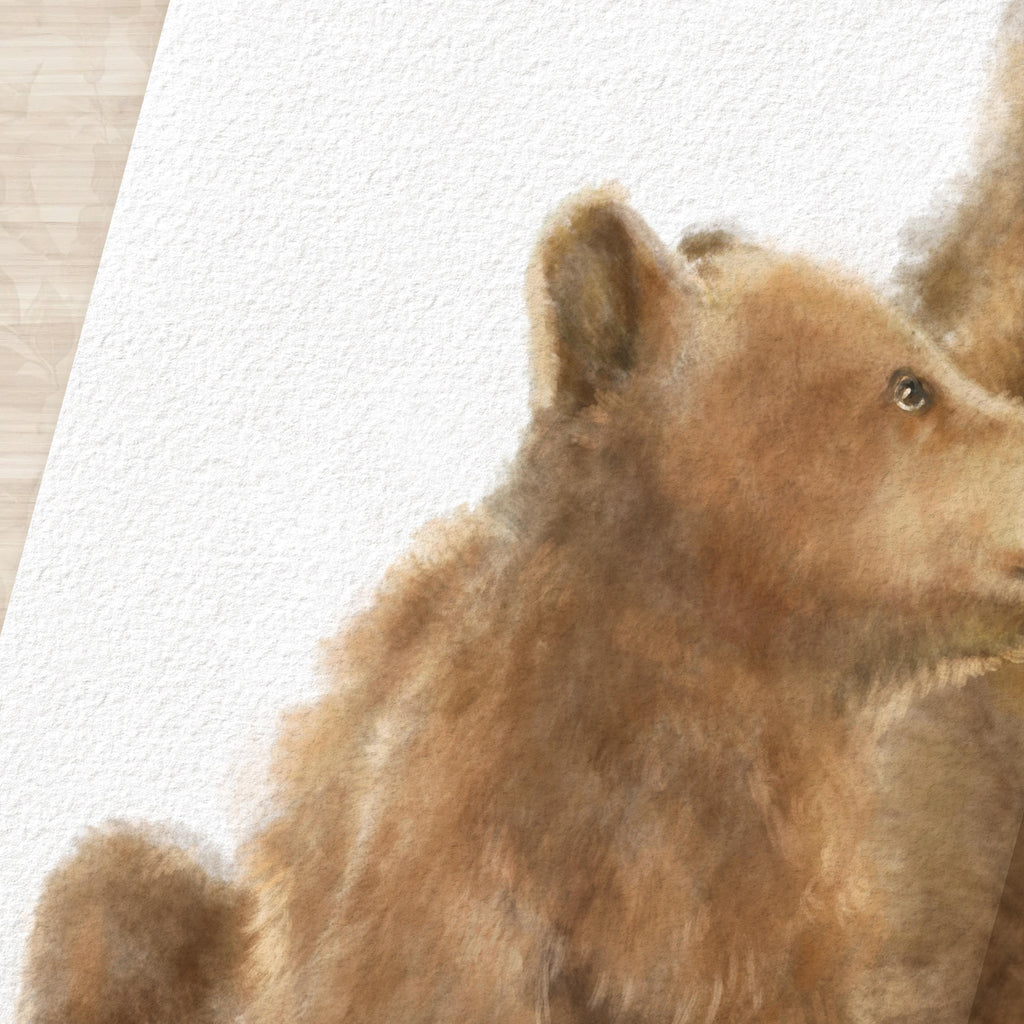 Brown Baby Bear n Mom Nursery Art Print, Grizzly Rustic Cabin Wall Painting, Kids Room Decor, Woodland Forest Animal, Signed by Artist