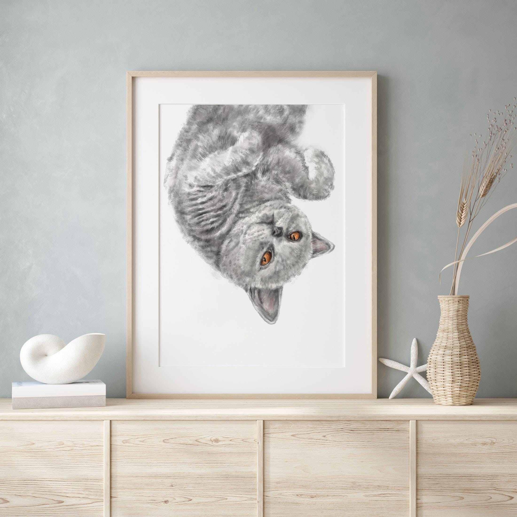 Gray Cat Watercolor Painting, Gray British Shorthair Modern Wall Art for Home Decor, Minimalist Cute Zen Kitten Gift, Signed by Artist