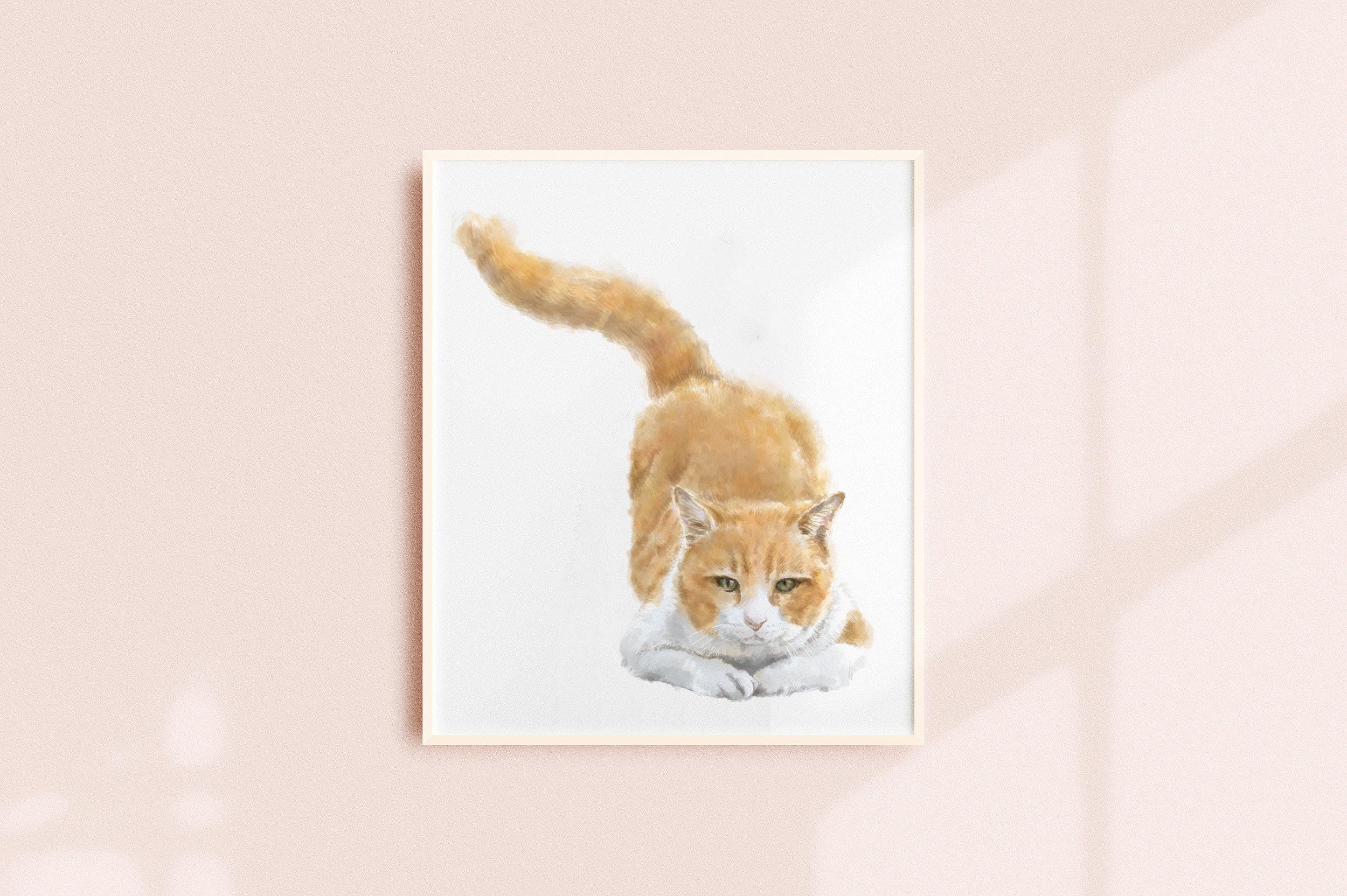 Orange Tabby Art Print, Ginger Cat Watercolor Painting, Cute Soft Pastel Minimalist Wall Decor for Cat Lovers Gift, Handmade, Artist-Signed