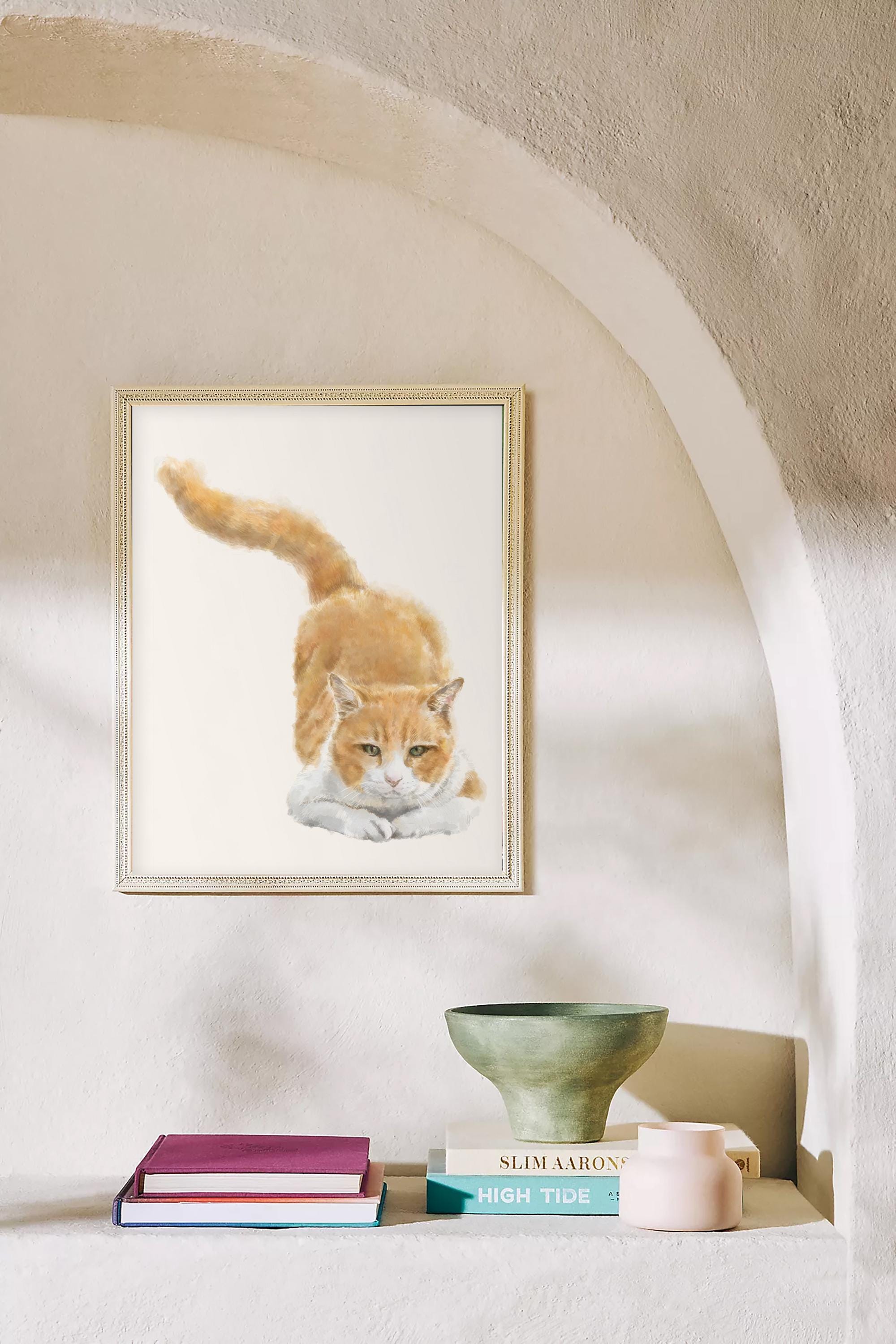 Orange Tabby Art Print, Ginger Cat Watercolor Painting, Cute Soft Pastel Minimalist Wall Decor for Cat Lovers Gift, Handmade, Artist-Signed