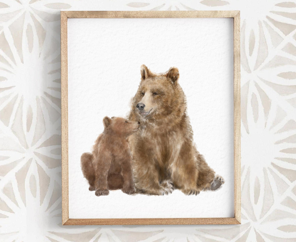 Grizzly Brown Bear Cub and Mom Watercolor Art Print