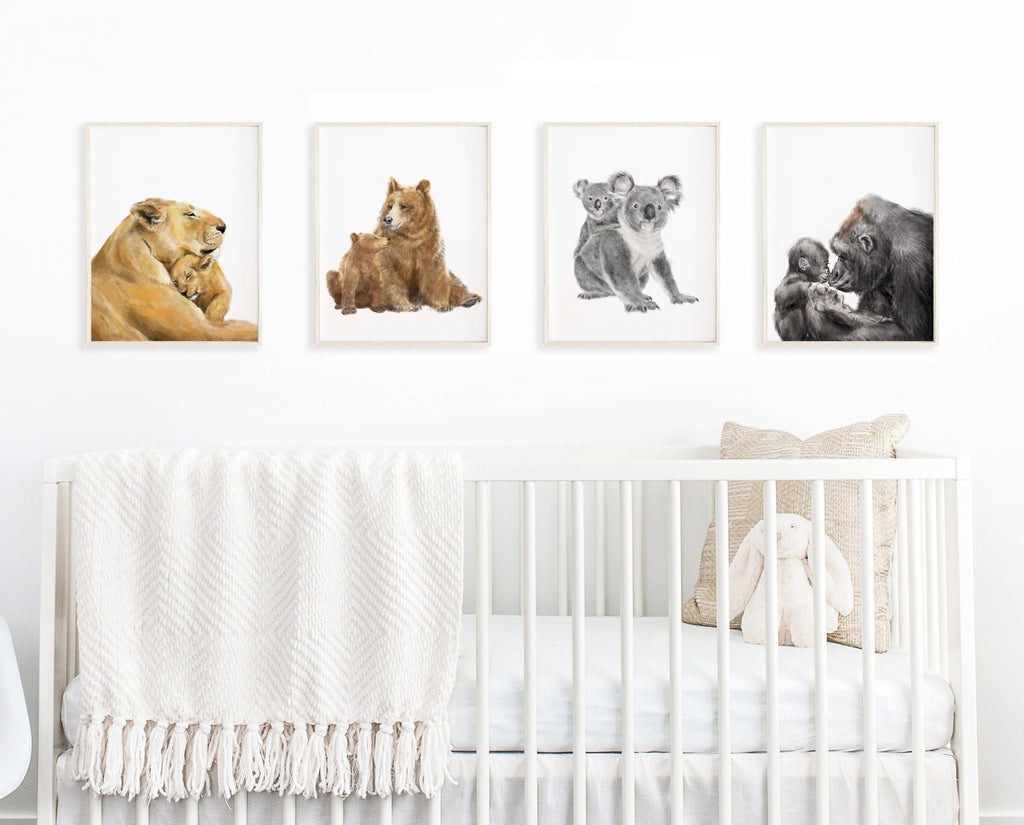 Brown Baby Bear n Mom Nursery Art Print, Grizzly Rustic Cabin Wall Painting, Kids Room Decor, Woodland Forest Animal, Signed by Artist