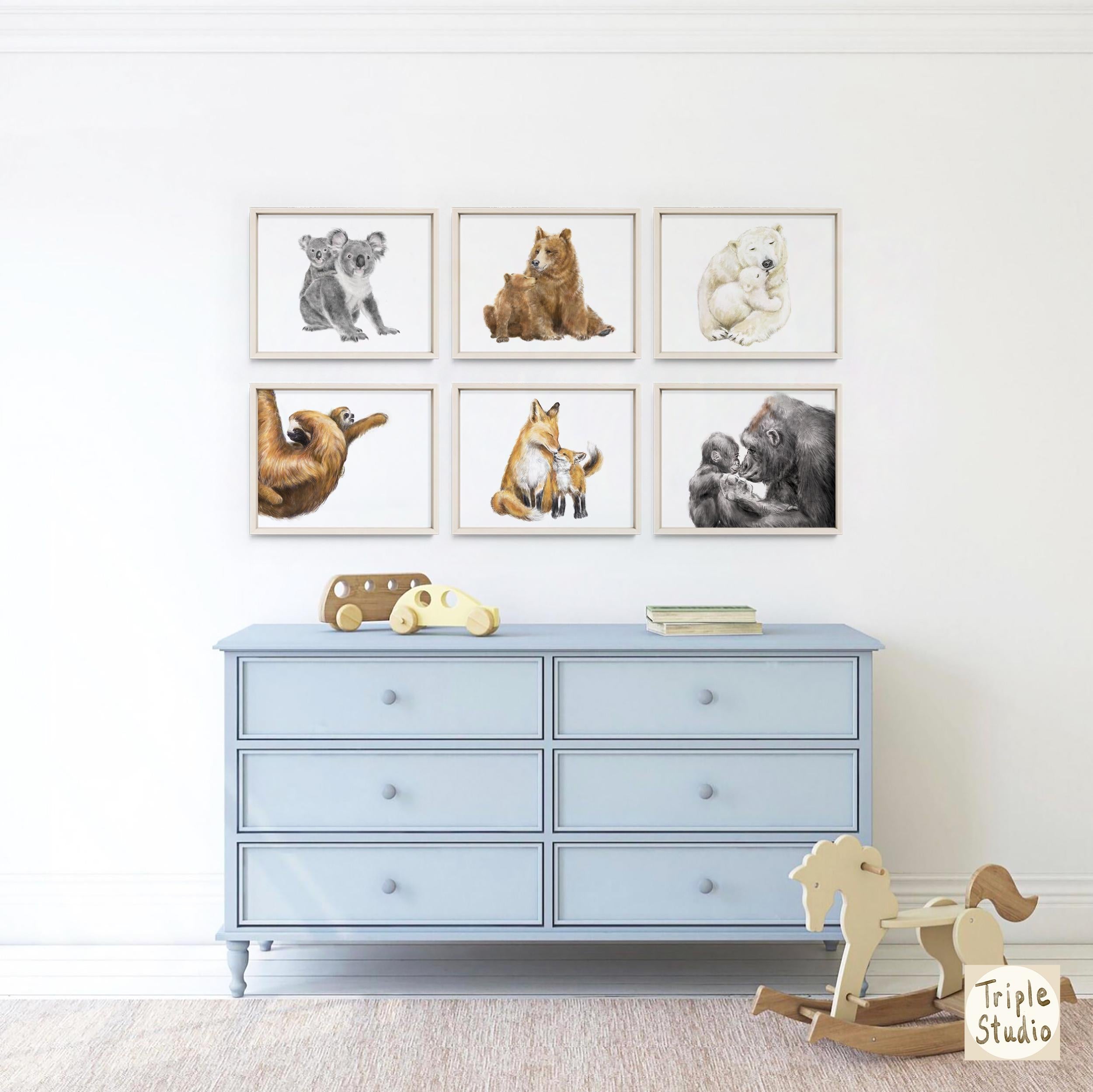 Brown Baby Bear n Mom Nursery Art Print, Grizzly Rustic Cabin Wall Painting, Kids Room Decor, Woodland Forest Animal, Signed by Artist